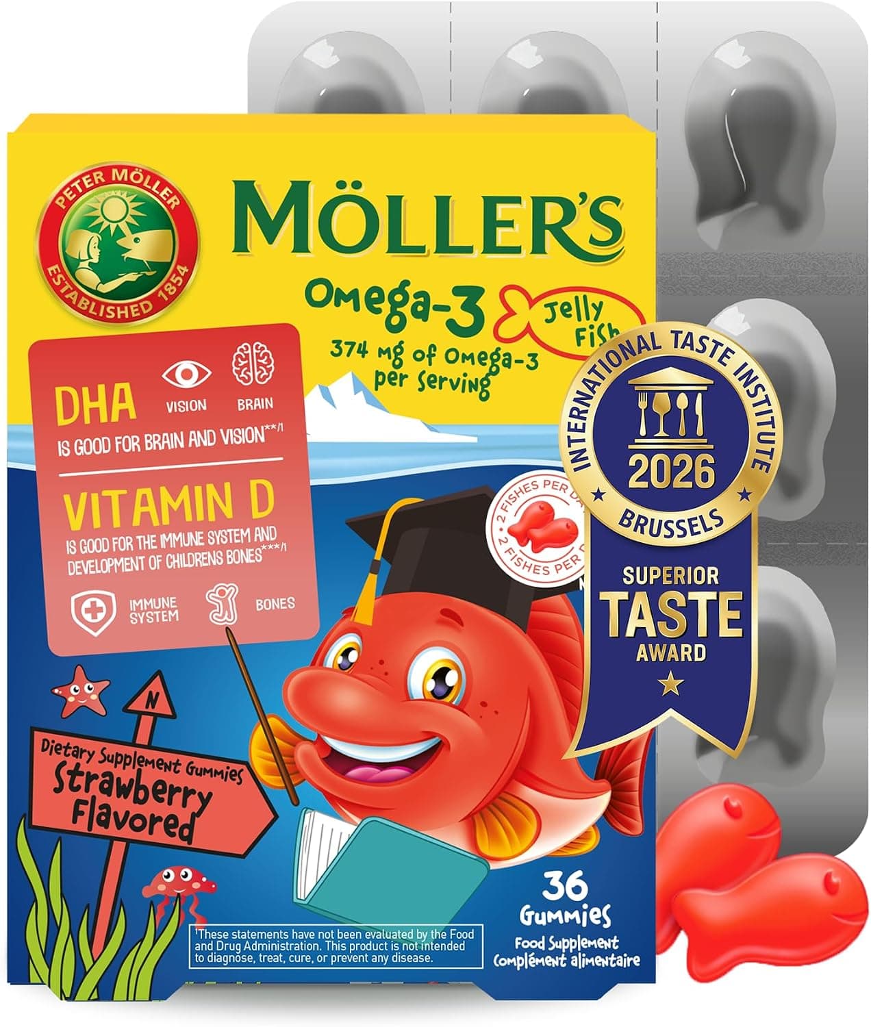 Moller’s ® | Omega 3 para niños | Omega-3 Cápsulas de Aceite de Pescado con Ácidos Grasos Omega 3 | Con DHA y EPA, Sin Gluten, Sin Lactosa, Sin Azucares Añadidos | Fresa | 36 Uds