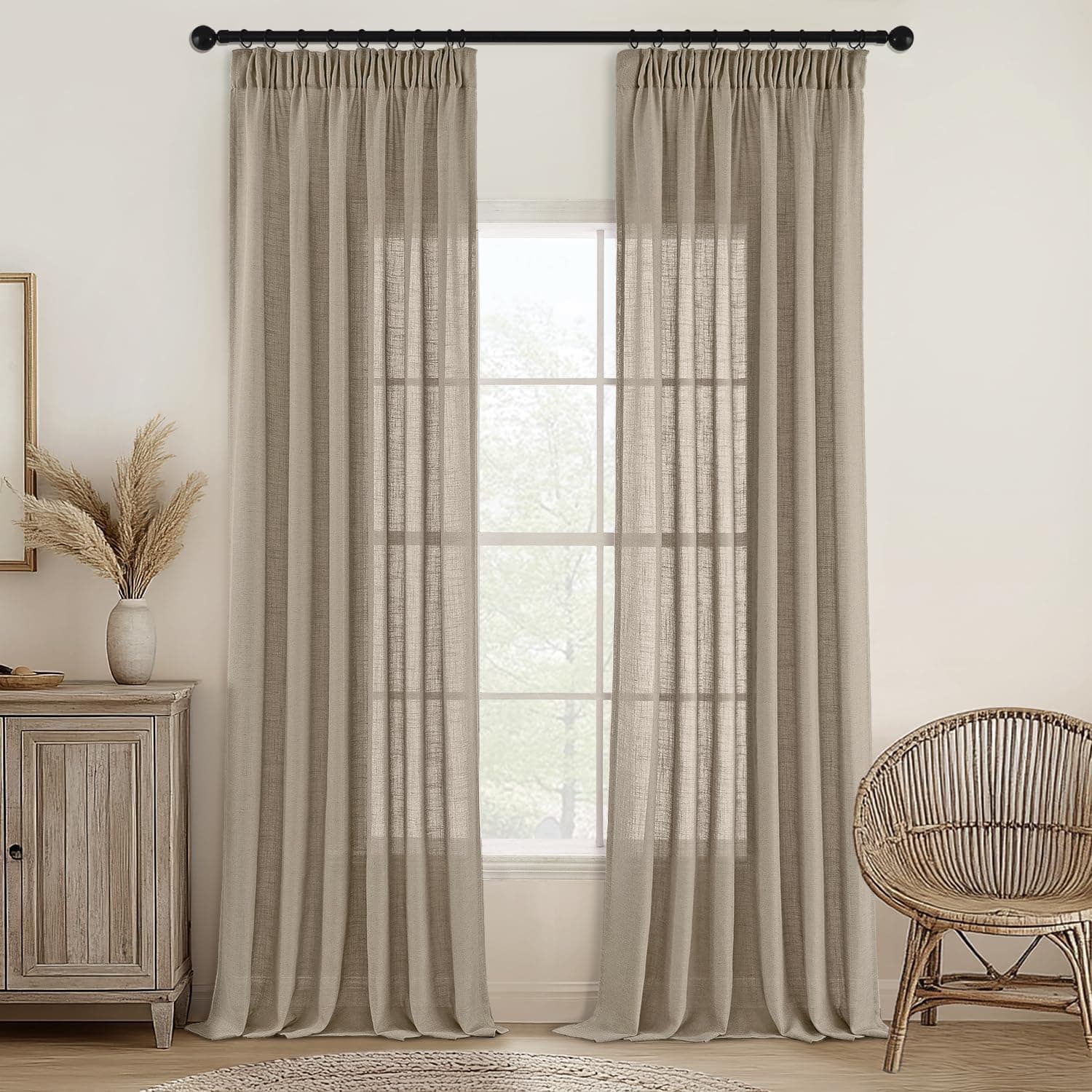 MIULEE Cortinas de Lino Translúcido 2 Piezas Marrón Claro 225x140cm (HxL)