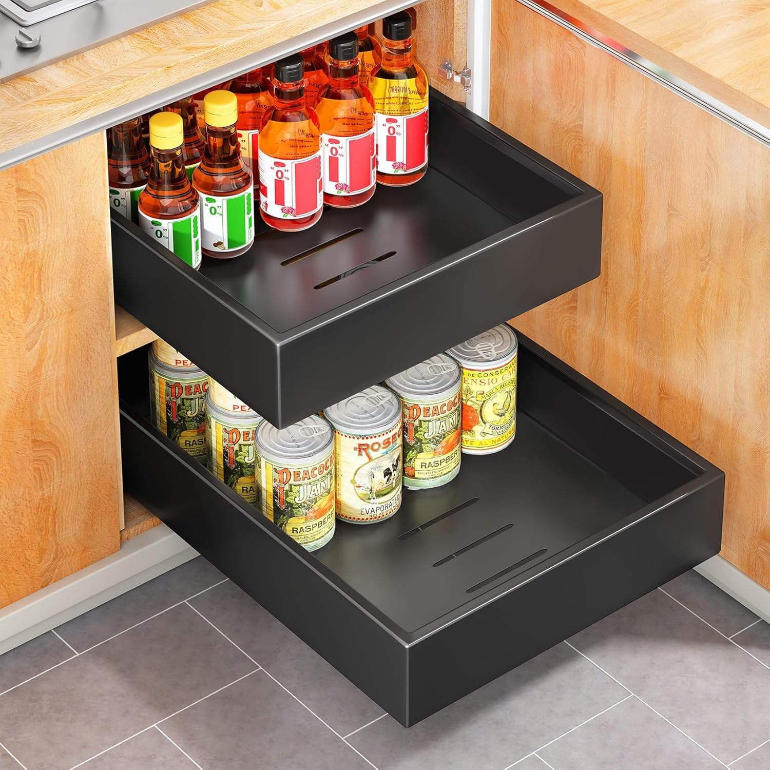 SAYZH Cajones Extraíbles para Cocina - Organizador Cocina con Bandeja Extraíble Armario - Montaje con Cinta Nano-Adhesiva para Cocina, Dormitorio y Baño (25x43x9 cm, Negro)