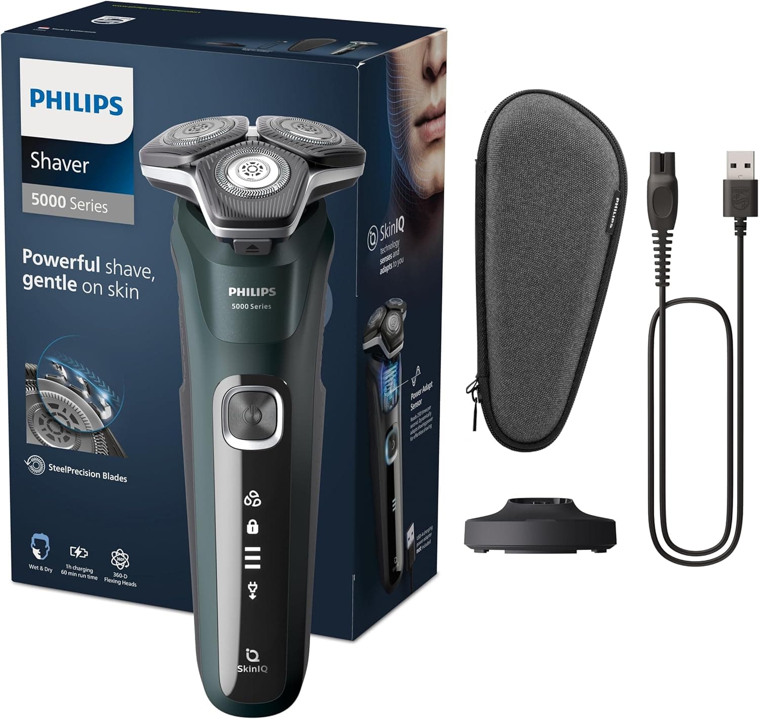 Philips Serie 5000 Afeitadora Eléctrica Hombre, Máquina de Afeitar Barba con Recortadora, 45 cuchillas, Cuida la piel, 60min de uso, En Seco y Húmedo, Recargable, Funda, Base Carga, S5884/35, Verde