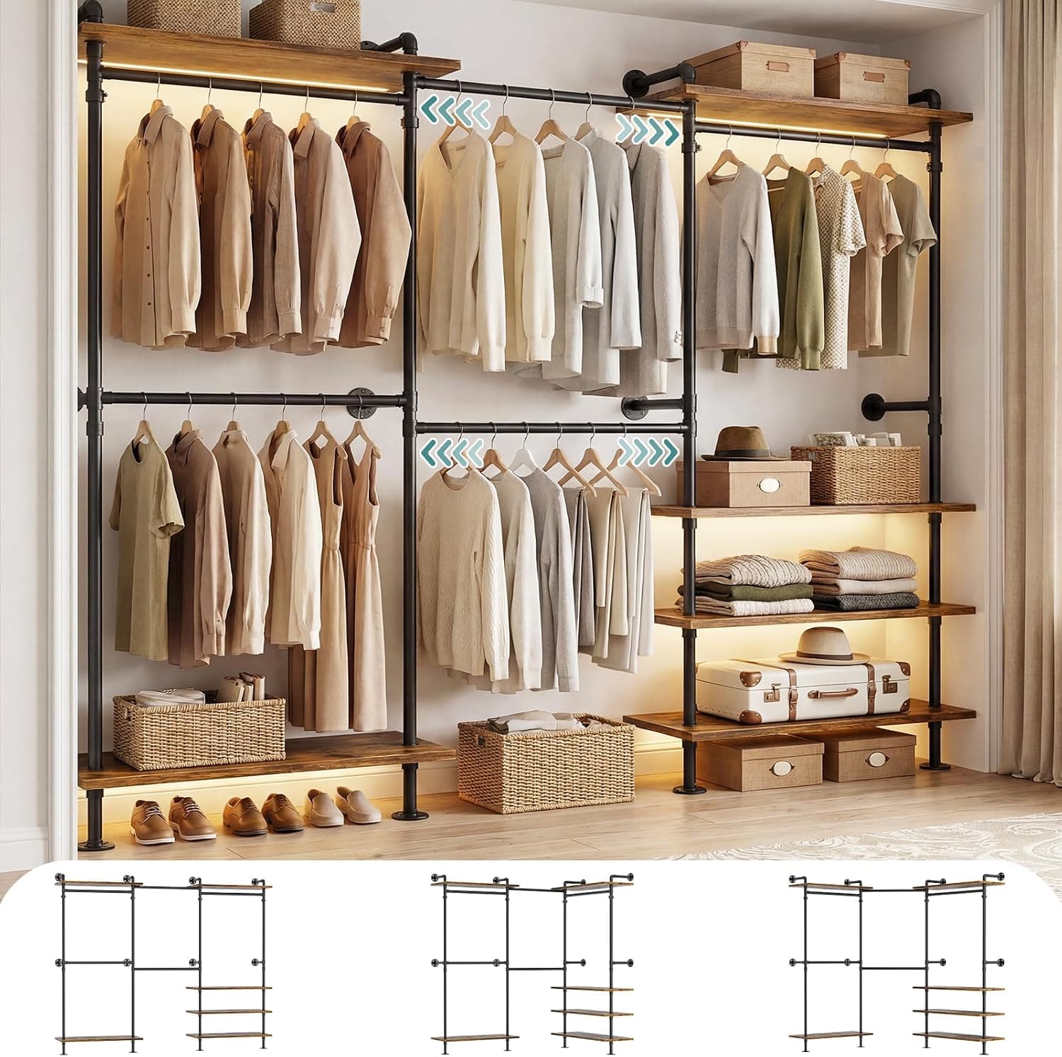 iSunirm Sistema de armario abierto – Barra telescópica para ropa pesada, vestidor, flexible como forma de L o recta, diseño industrial para dormitorio y vestidor