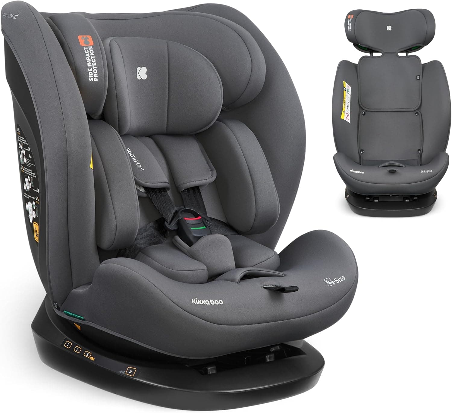 KikkaBoo Silla Coche Bebé sin ISOFIX i-EXPLORE 2, Grupo 0 1 2 3, i-Size 40-150 cm, Reclinable, 0-12 Años, Reposacabezas 14 Posiciones, Cojín y Arnés 5 Puntos, Grey