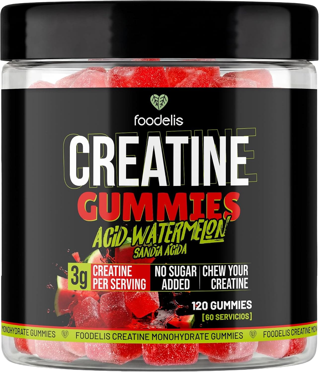 Foodelis Creatina gominolas | Creatina Monohidratada en Gominolas | 1,5 g por Gummy | Dosis 2 Gummies = 3 g (120 ud, Sandía Ácida)
