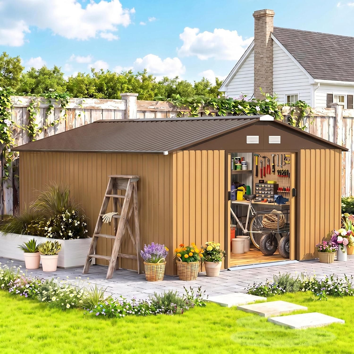 Outsunny Caseta de Jardín Exterior 12,4 m² 340x386x200 cm Ocre Oscuro