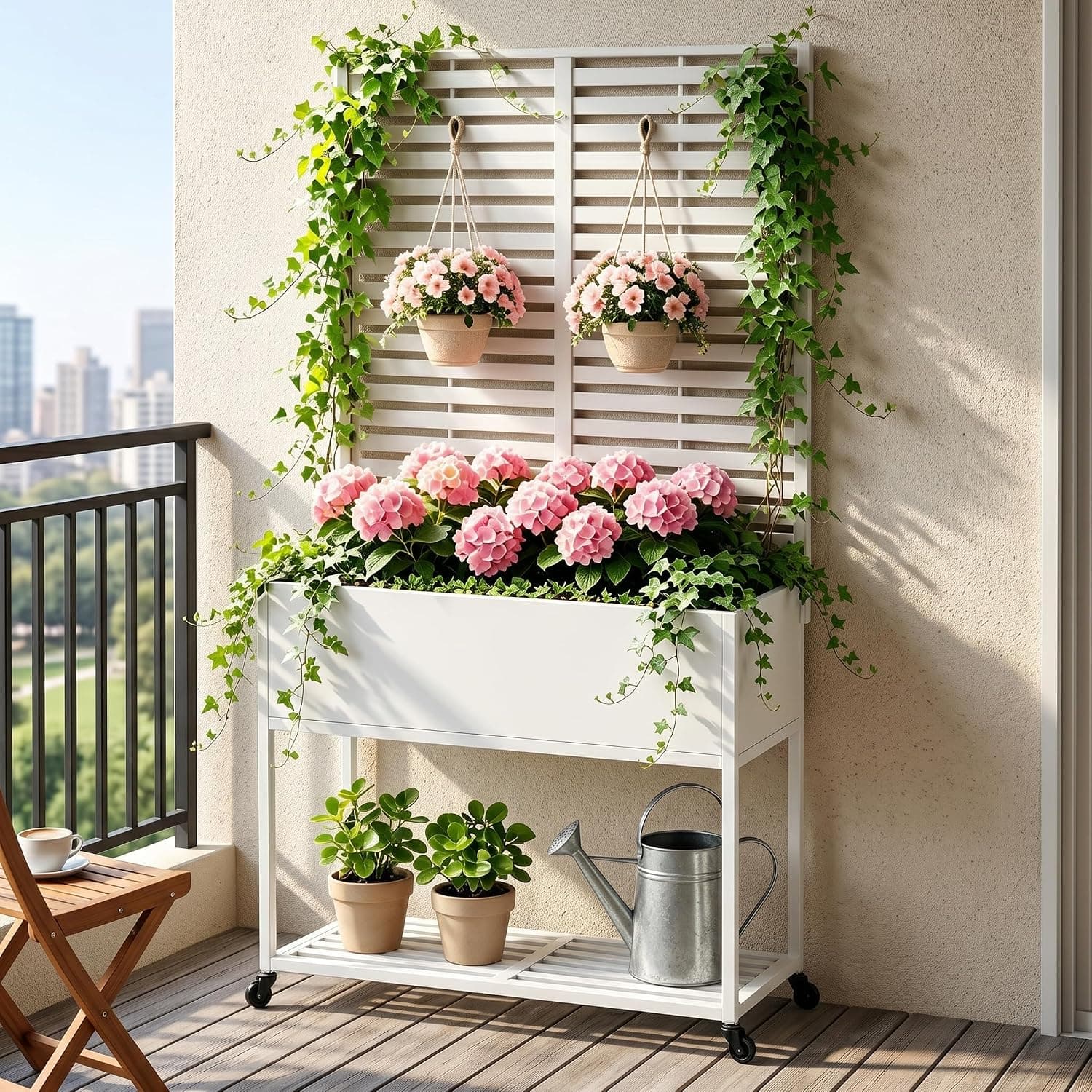 Jardineras elevadas con pantalla de privacidad,jardinera metálica con enrejado y estante de almacenamiento,jardinera independiente con orificios de drenaje y ruedas para plantas trepadoras y flores