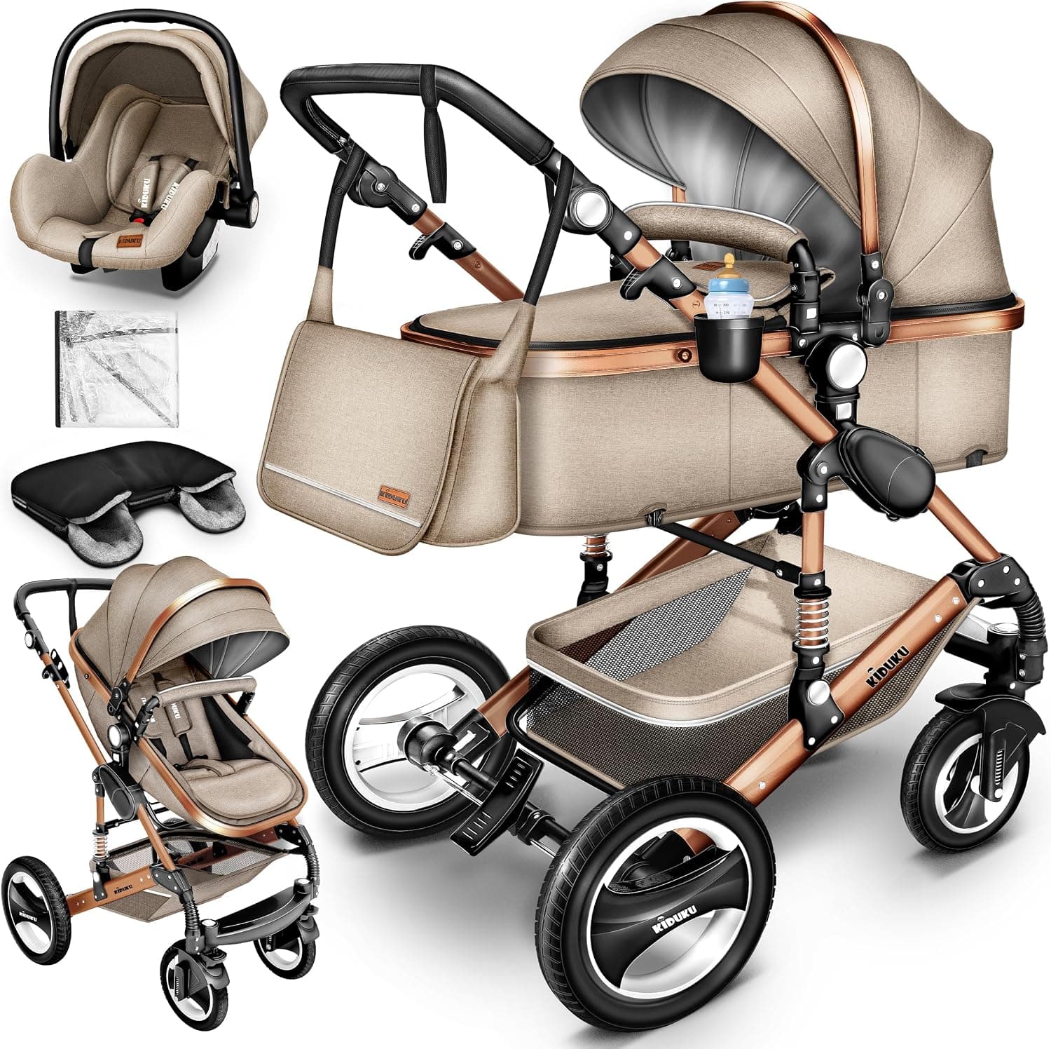 KIDUKU® Carrito de Bebé 3 en 1 | Silla de Paseo para Niños | Carricoche de 3 Piezas | Capazo, Cambiador, Cubrepiés | Sillita Coche Ligera Infantil ECE R129