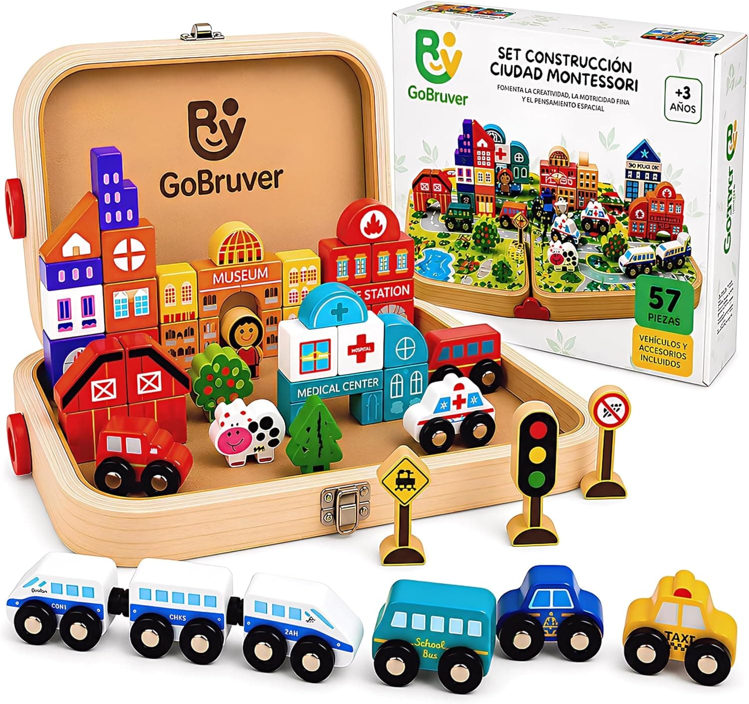 Juguete Montessori de Madera 57 Piezas para Niños 3 4 5 6 Años – Bloques de Construcción Ciudad con Tren, Coches, Edificios y Señales de Tráfico – Juego Educativo con Maletín