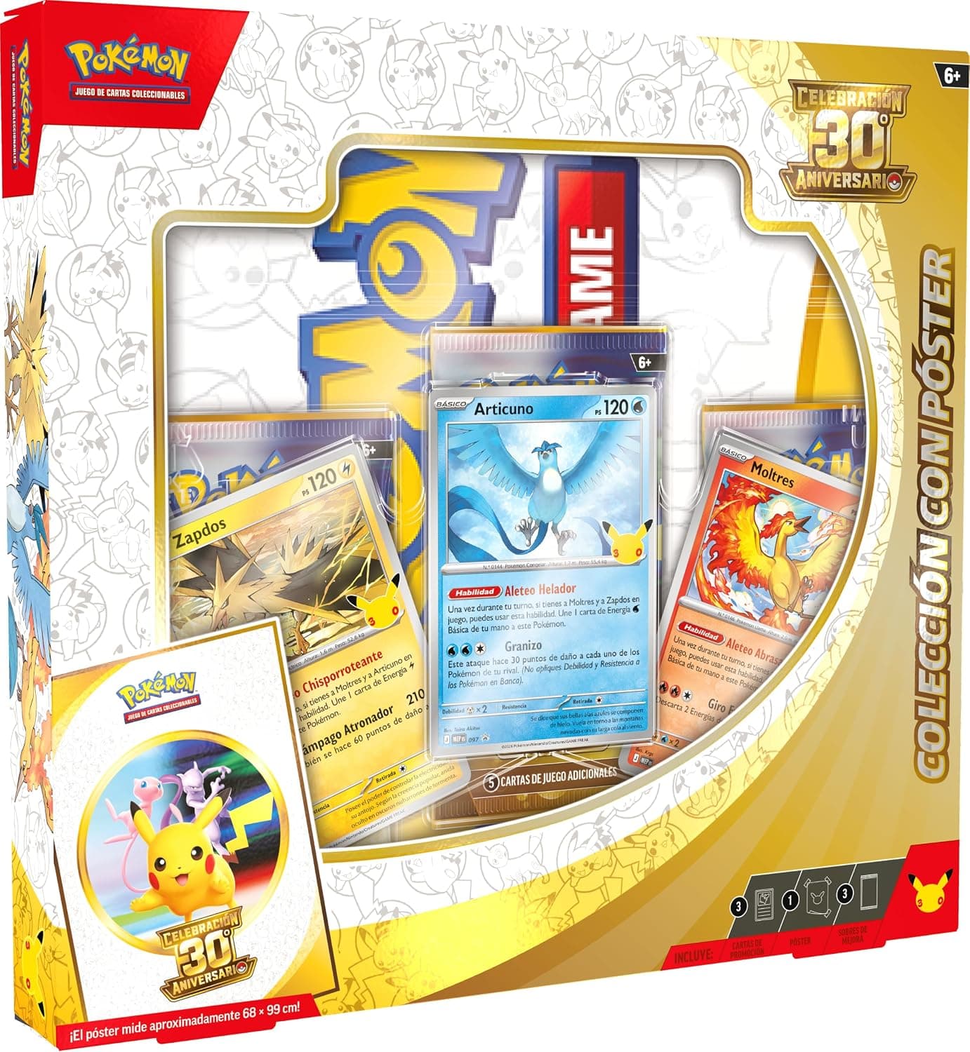 Pokémon: Colección con póster de Celebración 30.º Aniversario de JCC Pokémon (3 Cartas de promoción, 1 póster y 3 Sobres de Mejora)