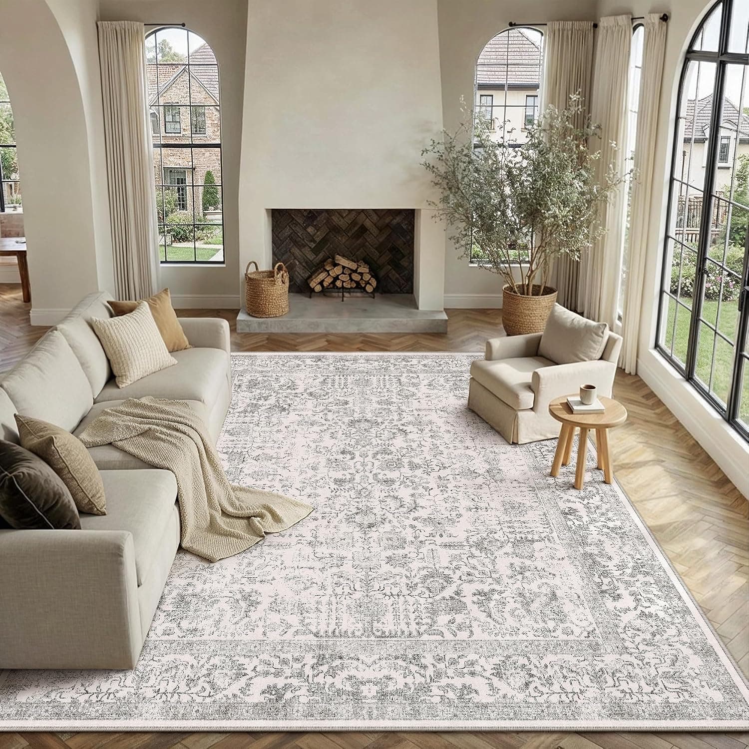 HUGEAR Alfombra Salon Gris Antideslizante Alfombras Lavables en Lavadora Tapetes para Sala 240x300cm Habitacion Dormitorio Comedor Flor Vintage Grande Tapete Pelo Corto tapete Quarto