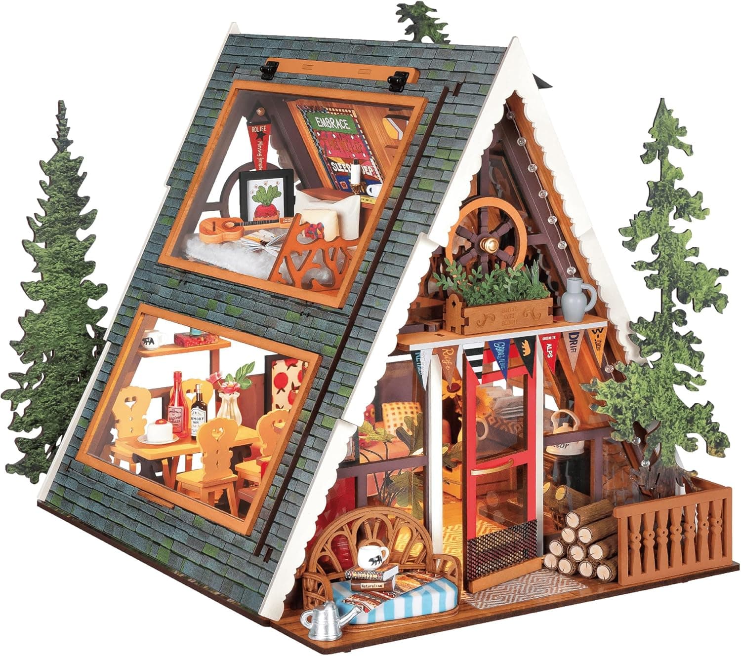 Rolife Casa de Muñecas Cabaña A-Frame Modelo de Madera Casa en Miniatura Sanación Natural Cabaña del Bosque de Cuento de Hadas Decoración del Hogar Regalo Creativo para Adultos