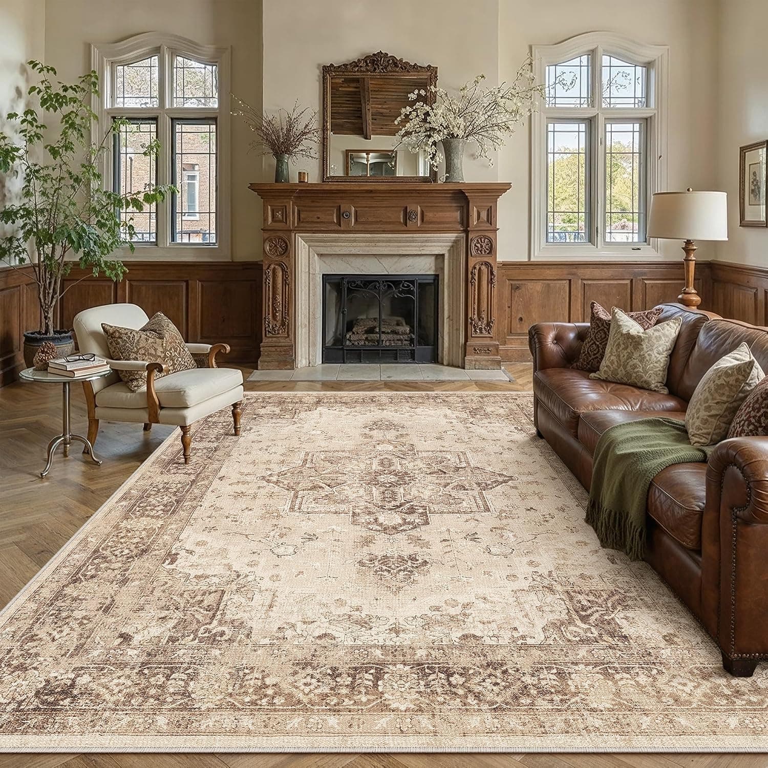 PureCozy Alfombra marrón vintage para salón, 240 x 300 cm, lavable