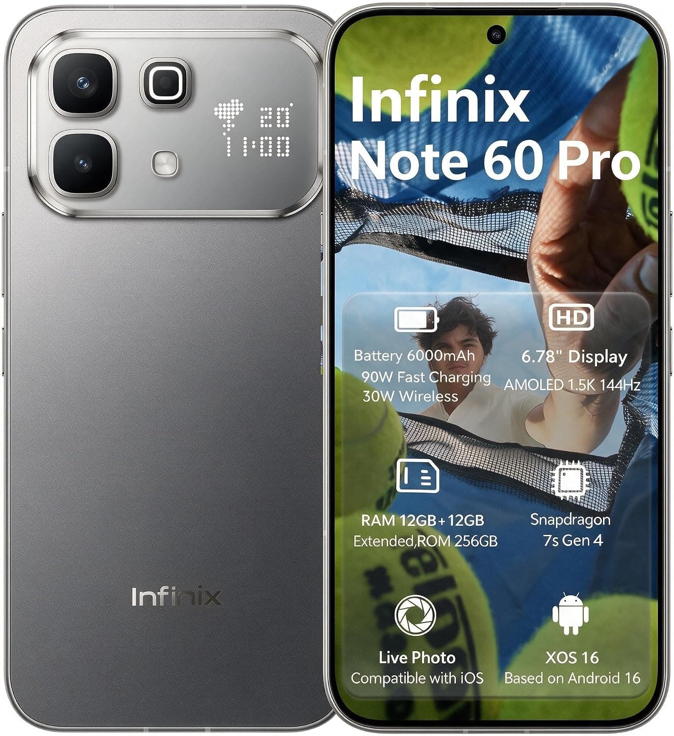 Infinix Note 60 Pro Smartphone 5G 12 GB+256 GB, Procesador Snapdragon 7s Gen4, Pantalla Active‑Matrix Trasera, Carga rápida 90W +30W inalámbrica, Cámara 50MP OIS, Batería 6000 mAh, XOS 16 Android