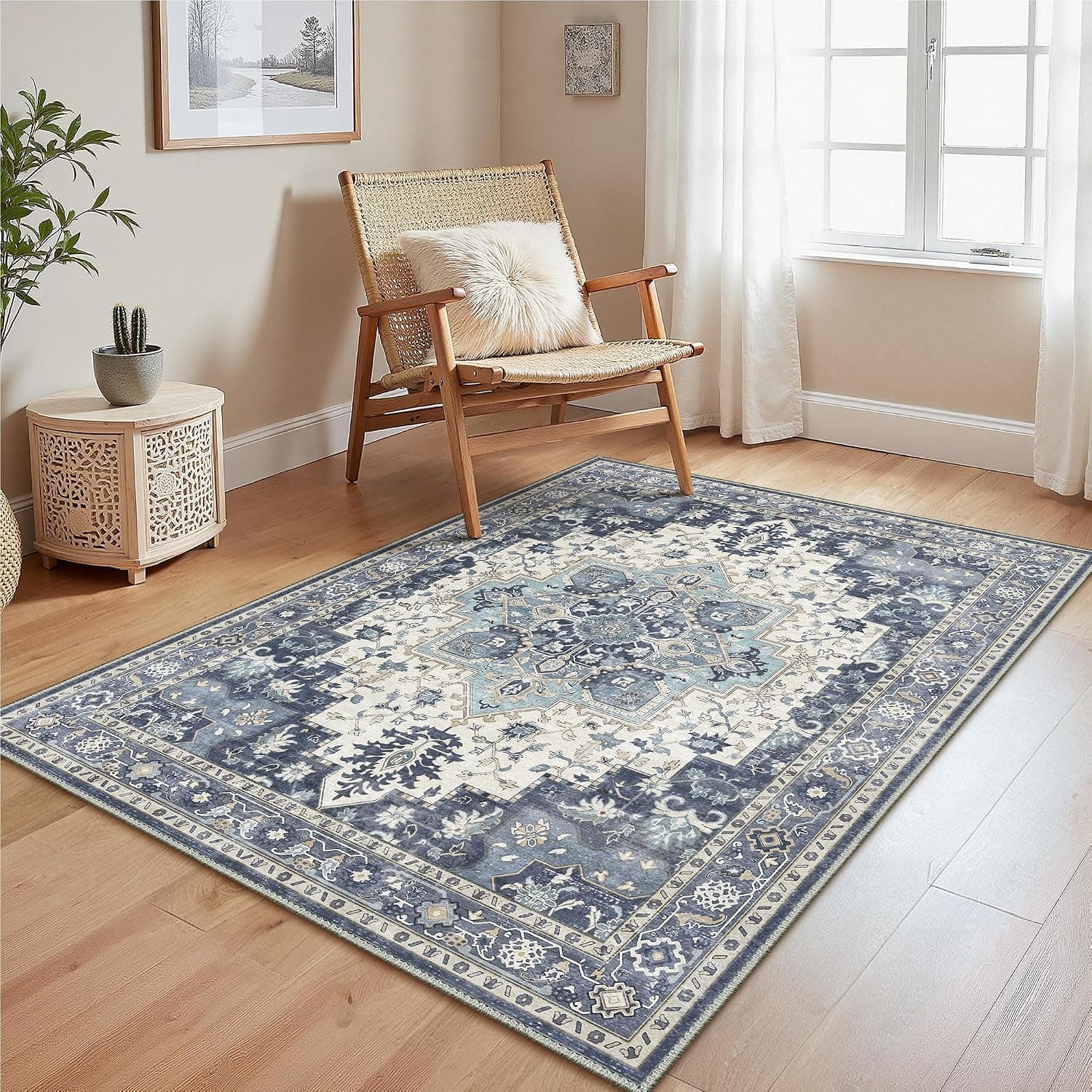 GENIMO Alfombra Salon Vintage Alfombras de Área Lavables en Máquina, Alfombras con Base Antideslizante, Alfombra de Dormitorio de Pelo Corto para Cocina, Comedor, Azul Oscuro, 80X150CM