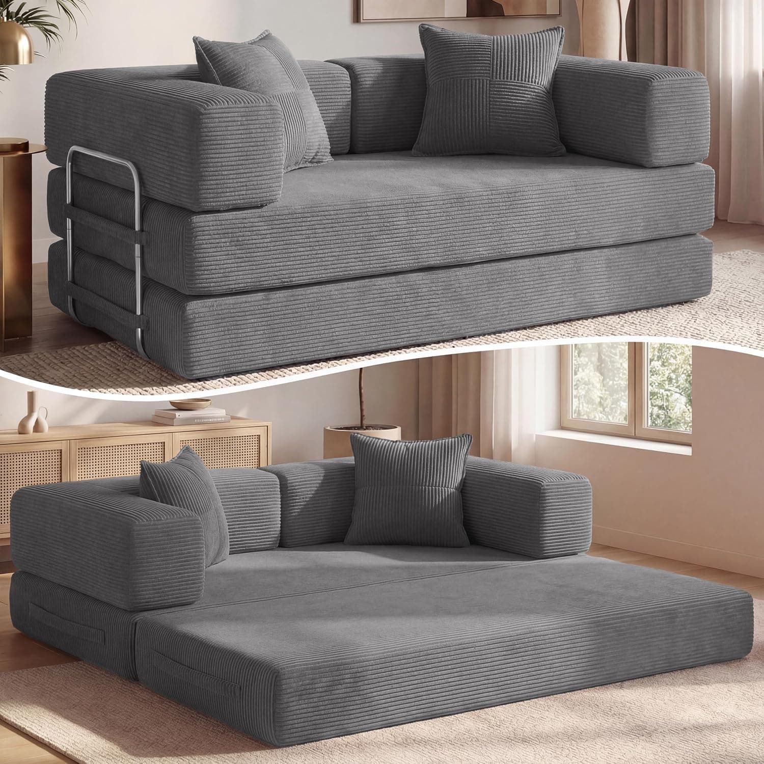 Vipbear Sofá de Suelo Convertible 5‑en‑1 160×90×70 cm, sofá‑Cama en Terciopelo canalé, Espuma de Alta Densidad, Apto para Mascotas y ergonómico, sin Montaje, Gris