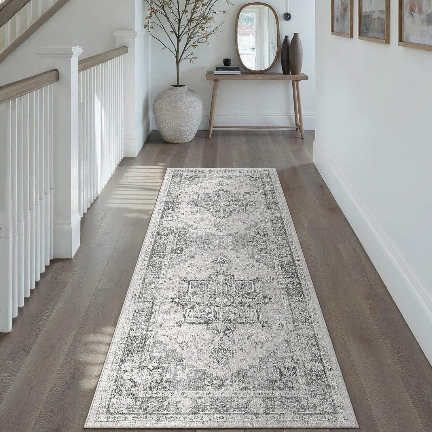 PureCozy Vintage Alfombras Pasillo 60x180cm Gris Alfombra Cocina Lavable Lavadora Antideslizante Pelo Corto Carpet Pie de Cama Dormitorio Comedor Oficina Larga Tapete