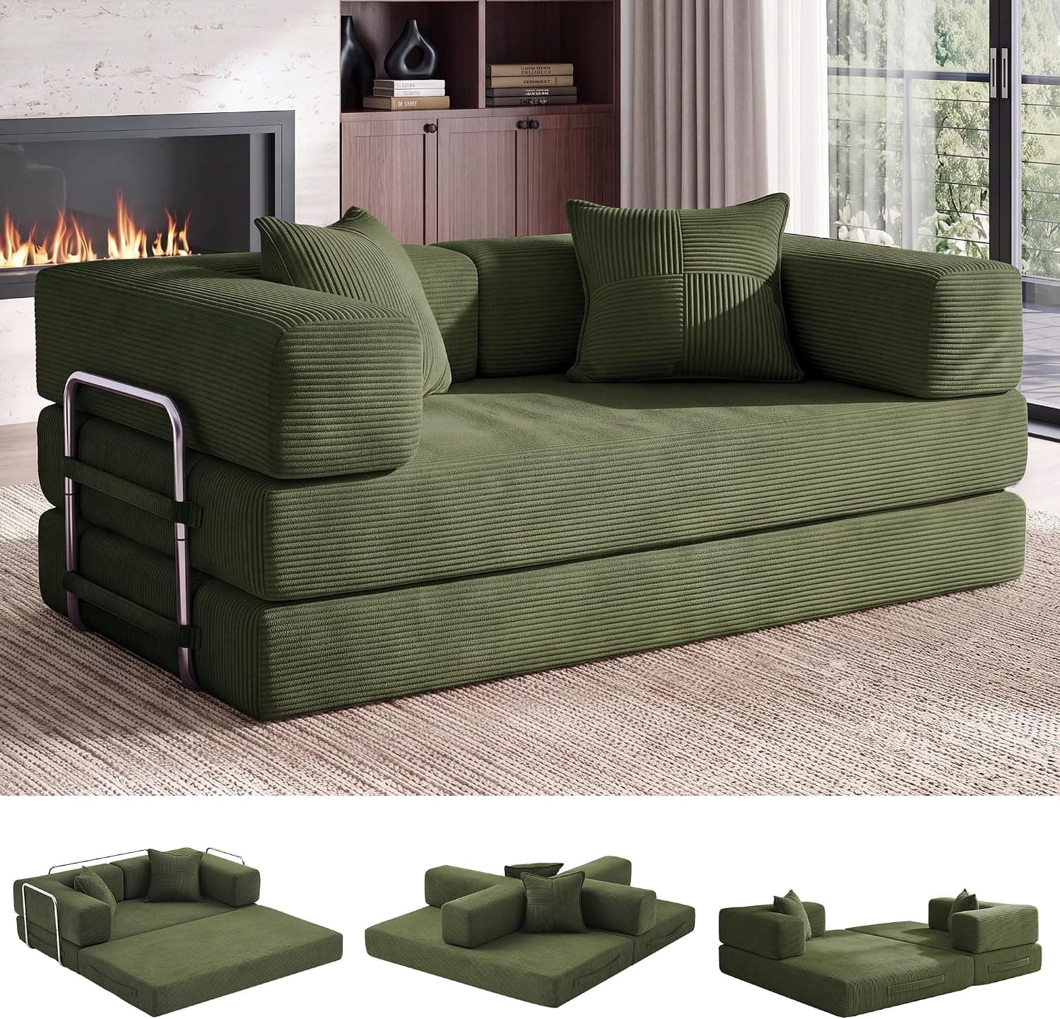Vipbear Sofá Cama de Suelo 160cm,Plegable de Boneless de 2 plazas,Verde