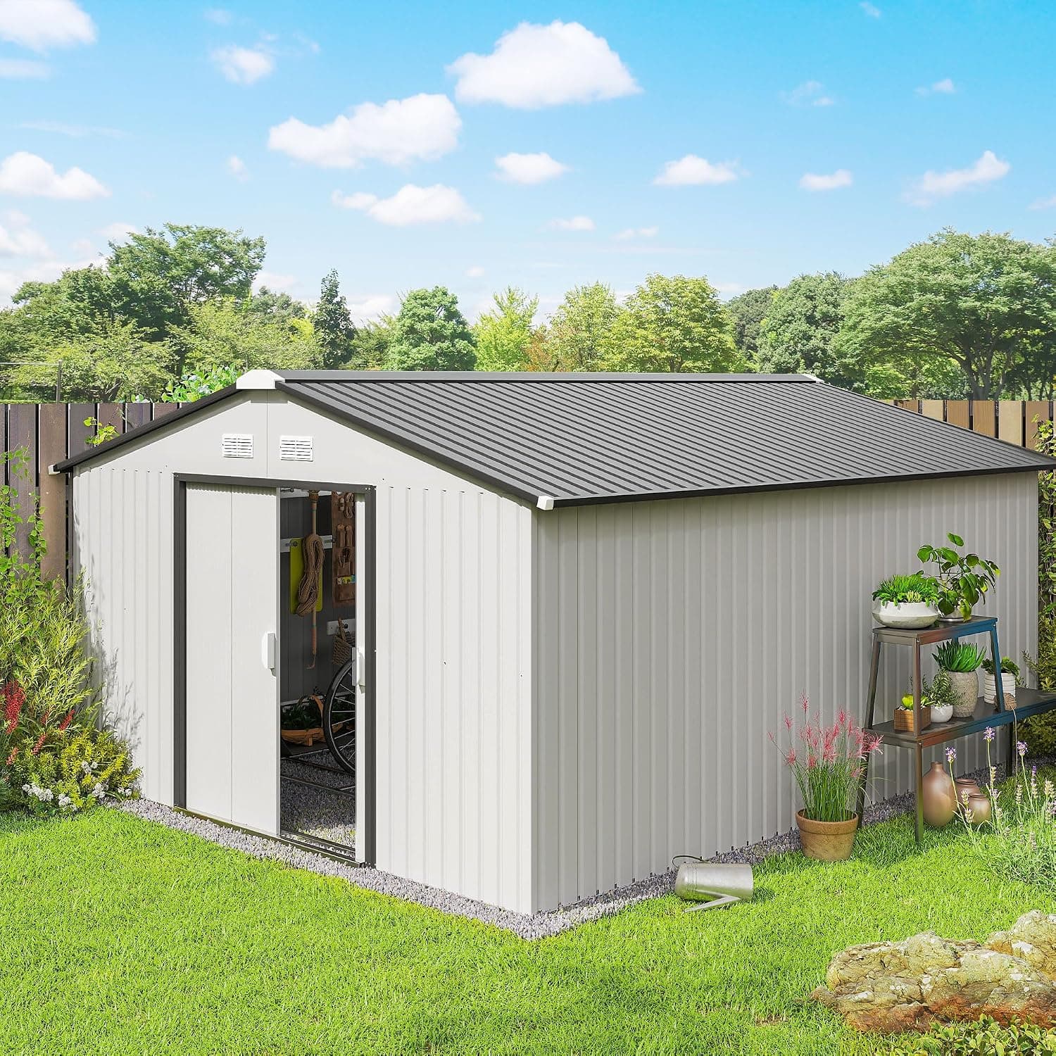 Outsunny Caseta de Jardín Exterior 12,4 m² 340x386x200 cm Blanco