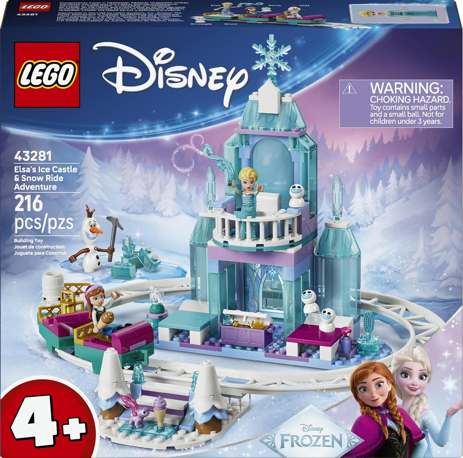 LEGO | Disney Frozen Castillo de Hielo de Elsa y Aventura en la Nieve de Juguete - Mini Muñecas de Elsa y Anna, Muñeco de Olaf, Vías de Tren y Vagones - Regalo para Niñas de 4+ Años - 43281