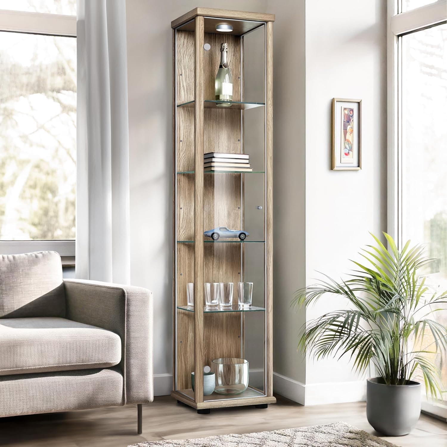 Vitrina de Cristal en Roble Sonoma (176x37x33 cm) con 4 estantes de Cristal Ajustables en Altura,LED - Vitrina para maquetas de Coches Roble Sonoma - exposición