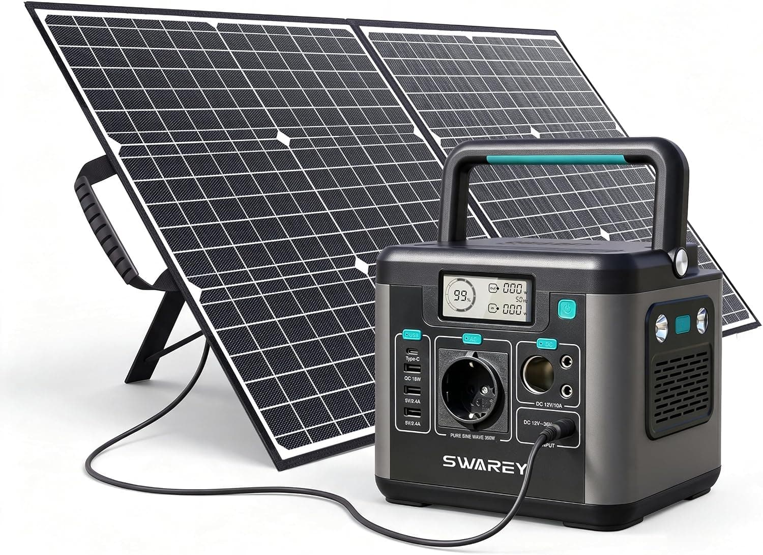 Estación de Energía 333Wh con Panel Solar de 100W, Salida de CA de 350W (Pico de 700W), Carga rápida USB-C de 65W, Generador Solar Para Acampada Viajes Autocaravanas Pesca