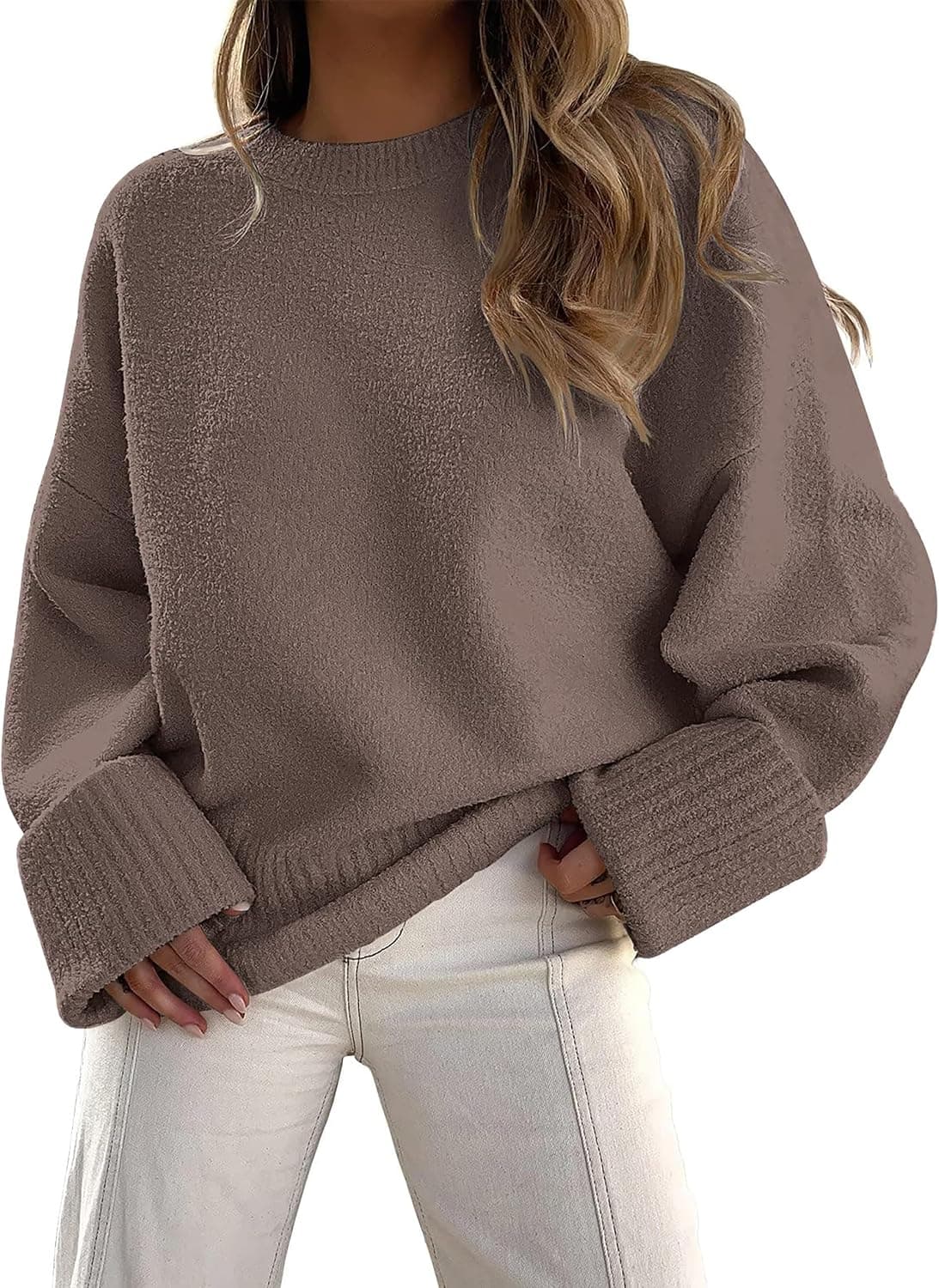 Jhsnjnr Suéter de punto grueso de gran tamaño para mujer, de manga larga, holgado, cuello redondo, suéter holgado