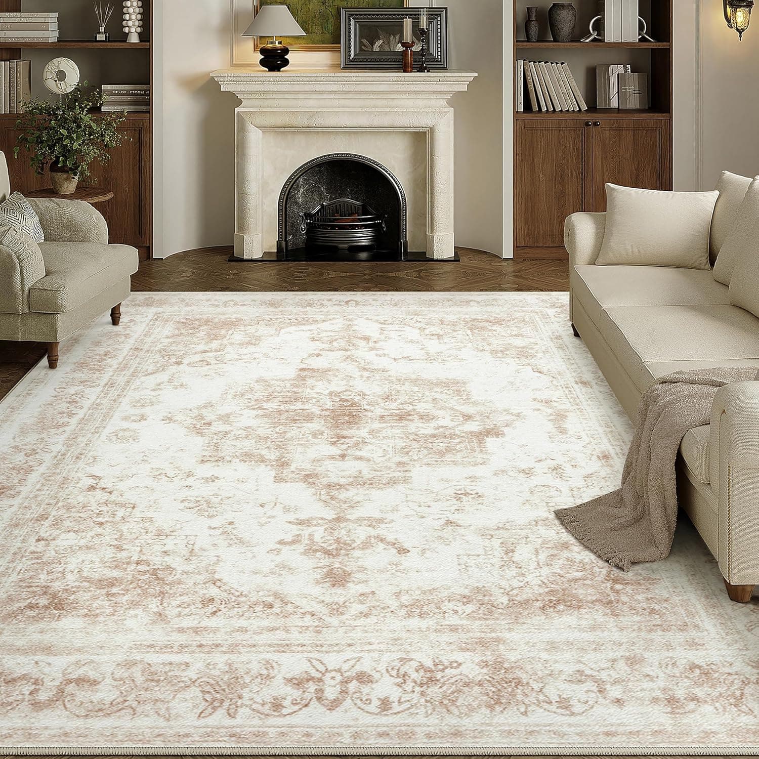 HUGEAR Alfombra Salon Crema Antideslizante Alfombras Lavables en Lavadora Tapetes para Sala 180x270cm Habitacion Dormitorio Comedor Flor Vintage Grande Tapete Pelo Corto tapete Quarto