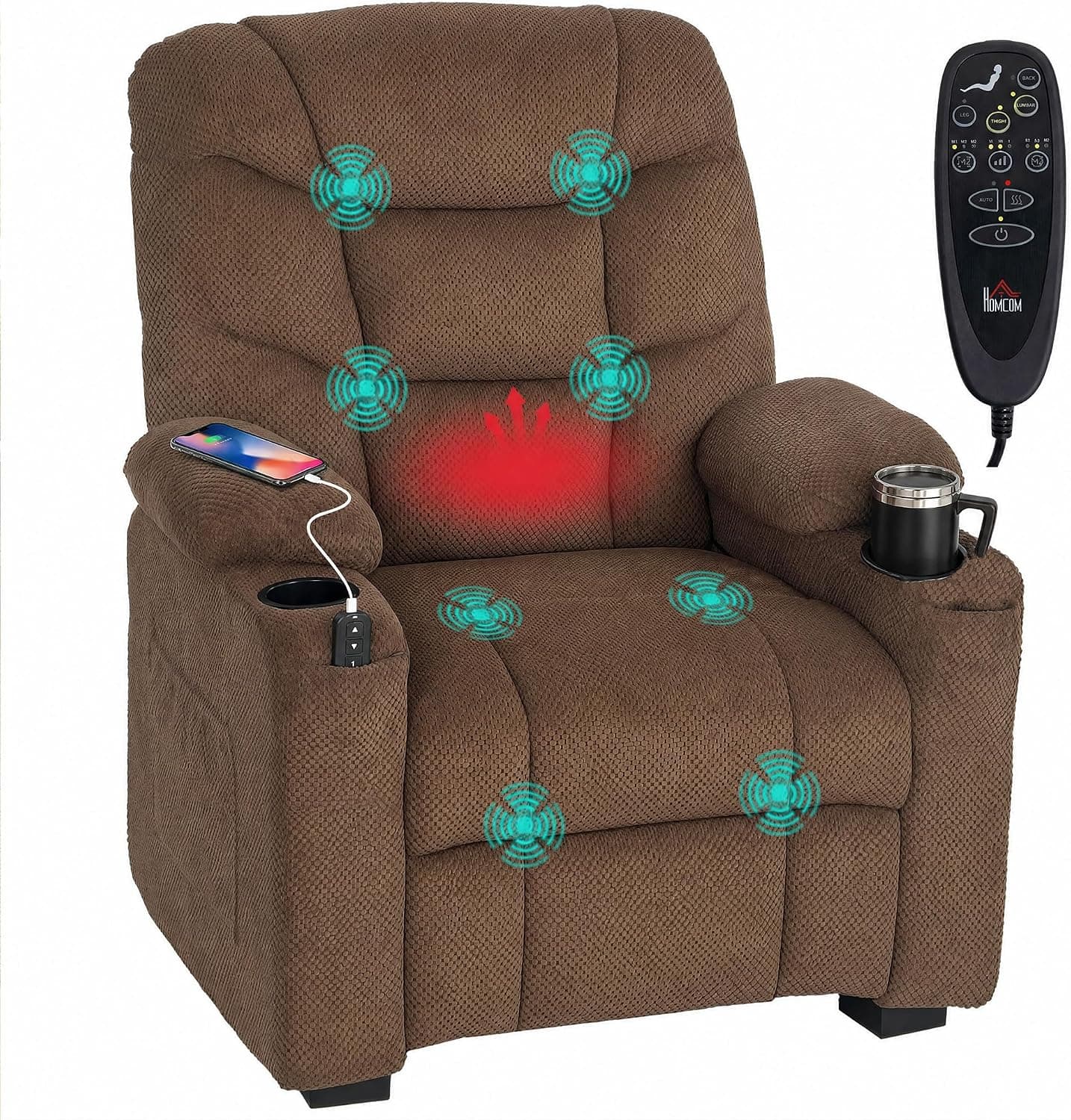 HOMCOM Sillón Relax Reclinable Eléctrico con Calor Lumbar Masaje Marrón