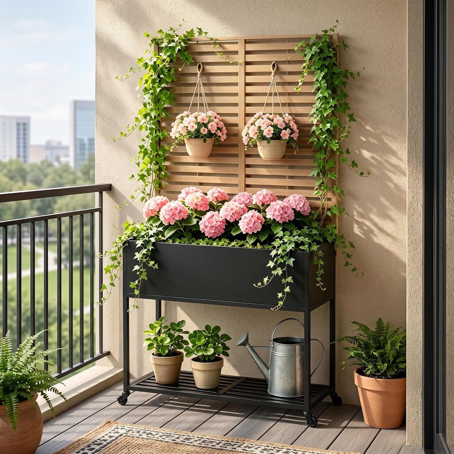 Jardineras elevadas con pantalla de privacidad,jardinera metálica con enrejado y estante de almacenamiento,jardinera independiente con orificios de drenaje y ruedas para plantas trepadoras y flores