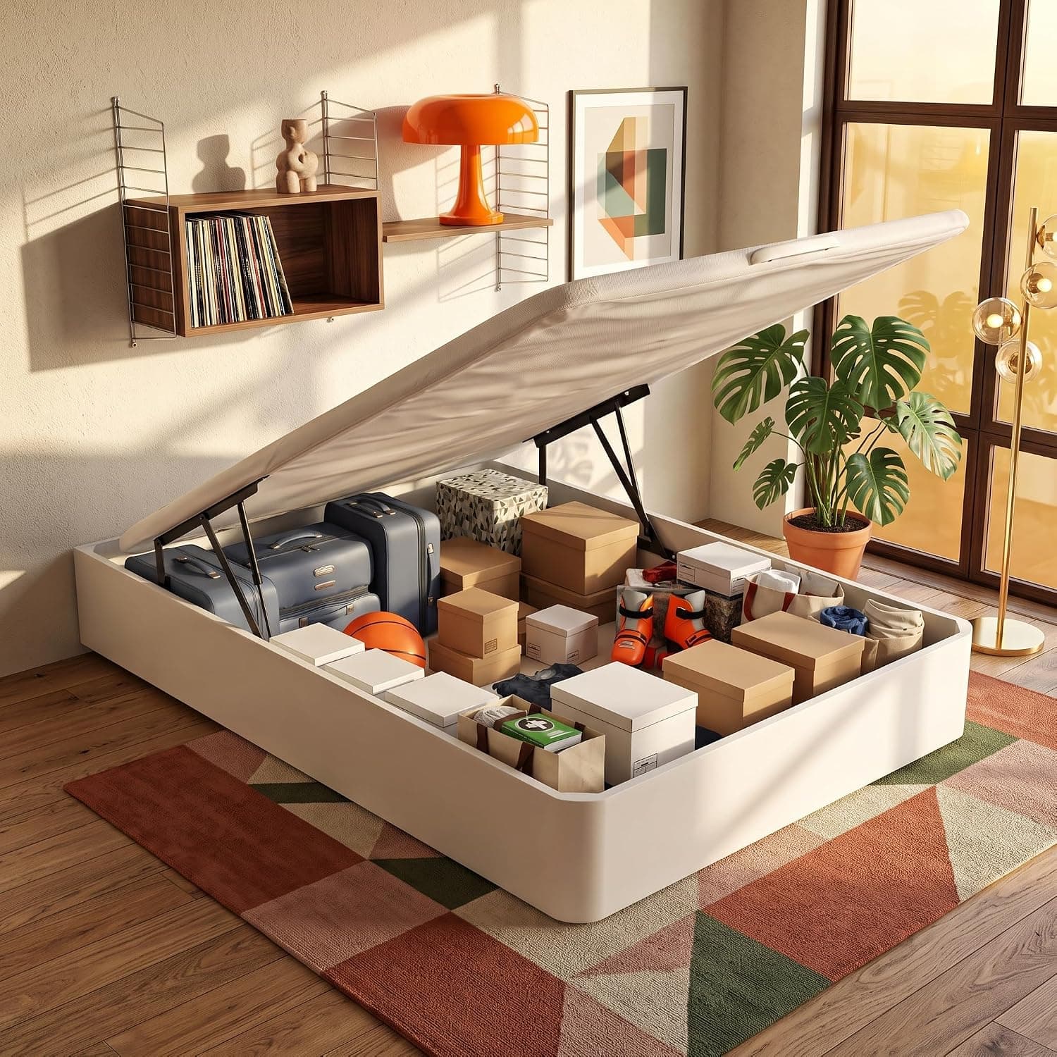 What The Sleep | Canapé Abatible de Madera Gran Capacidad | 135x190 | Montaje y Retirada Usado Incluido | Blanco | 32 cm | Apto Todos Colchones | Esquinas Delanteras Redondeadas | Storage Bed