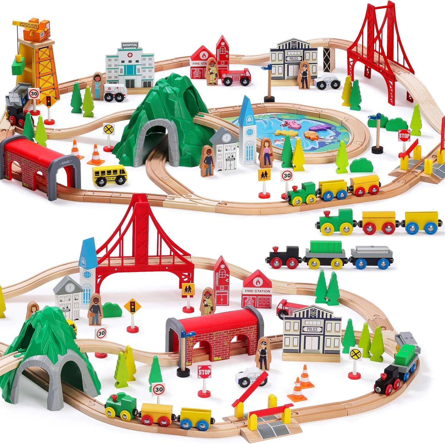 SainSmart Jr. Tren de Madera Juguete 112 Piezas, Compatible Brio y Thomas