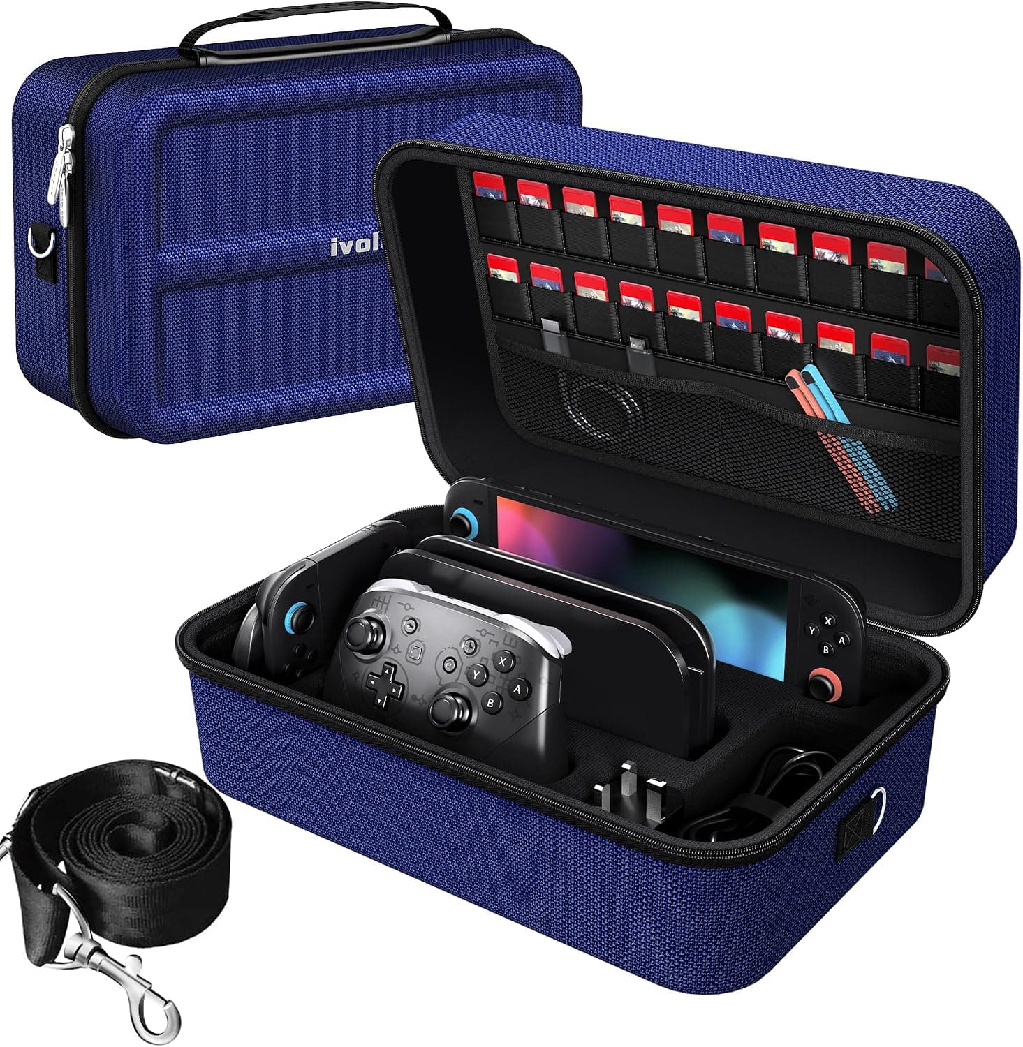 ivoler Funda para Nintendo Switch 2, Protectora Dura de Lujo para Interruptor portátil, Estuche para la Consola Nintendo Switch 2, y Otros Accesorios Contiene 20 Cartuchos de Juego-Azul Oscuro