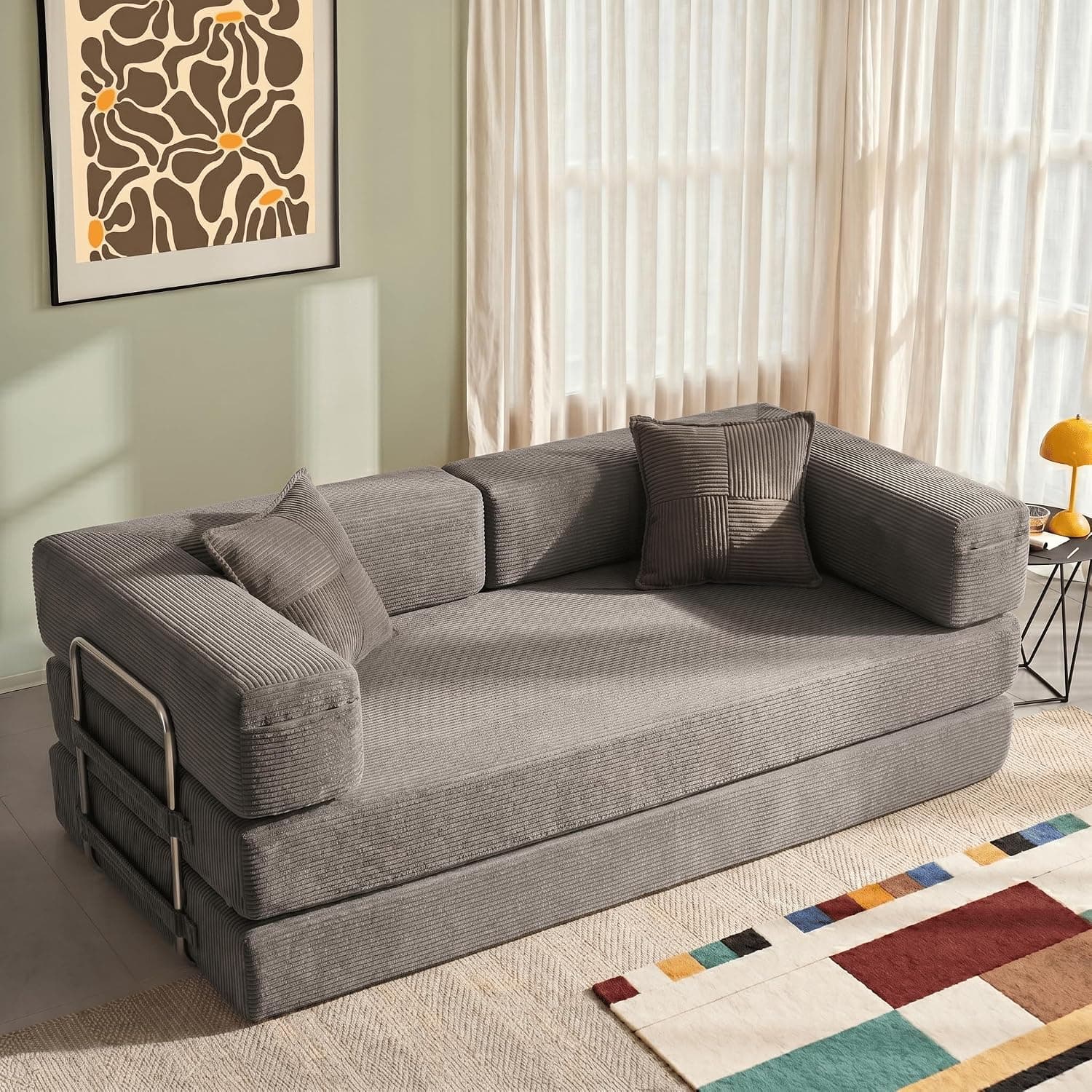 YINIX Sofá Cama 3 Plazas de 200cm, Sofá de Suelo Modular de Pana (Sin Montaje), Sofá Nube Plegable Sin Estructura, Funda Lavable, Cama de Invitados