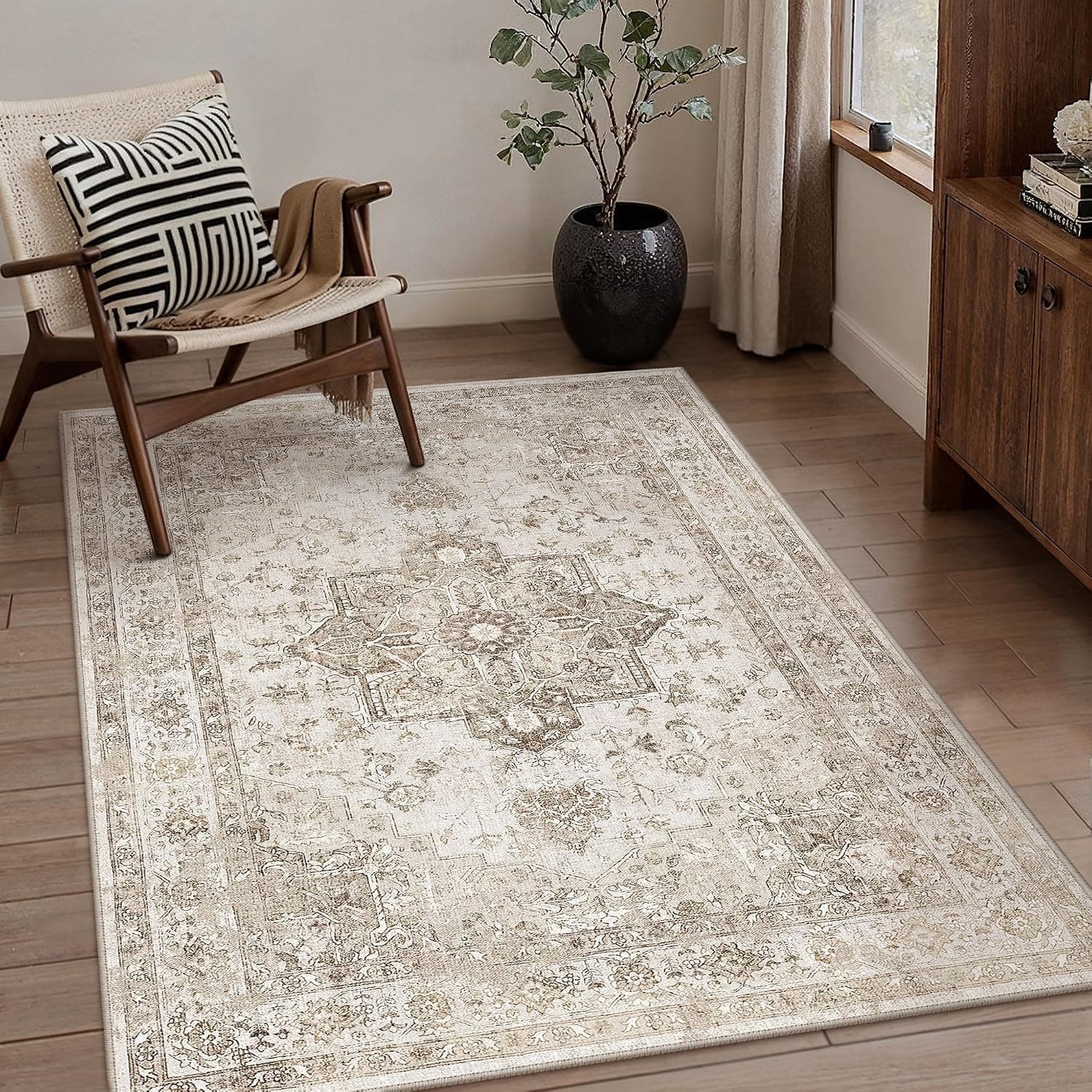 PureCozy Vintage Alfombra Salon 80x150cm Alfombras de Habitacion Beige Carpet Lavable Lavadora Pelo Corto Rug Antideslizante Tapetes para Sala Tapete Quarto Comedor Rugs
