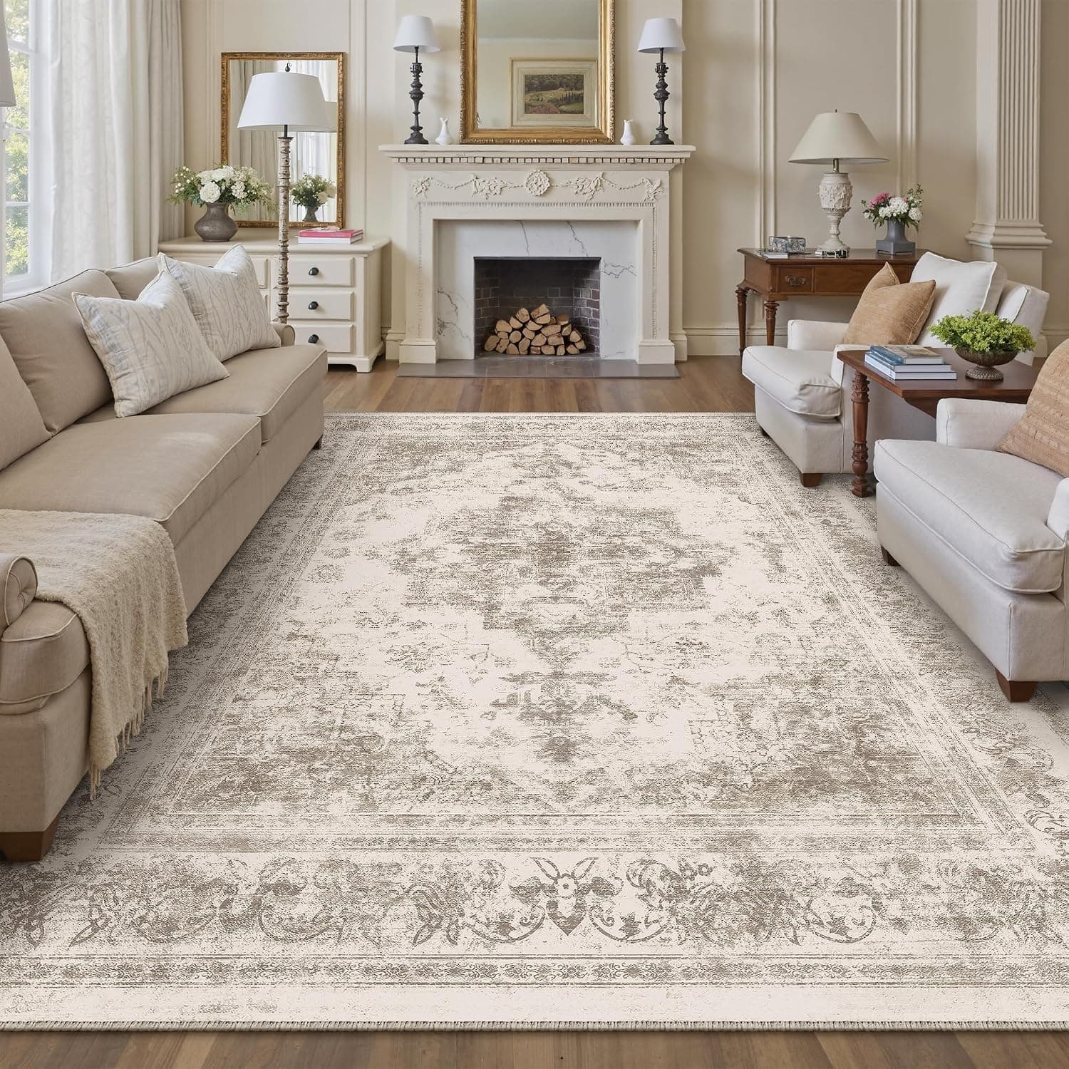 HUGEAR Alfombra Salon Beige Antideslizante Alfombras Lavables en Lavadora Tapetes para Sala 300x400cm Habitacion Dormitorio Comedor Flor Vintage Grande Tapete Pelo Corto tapete Quarto