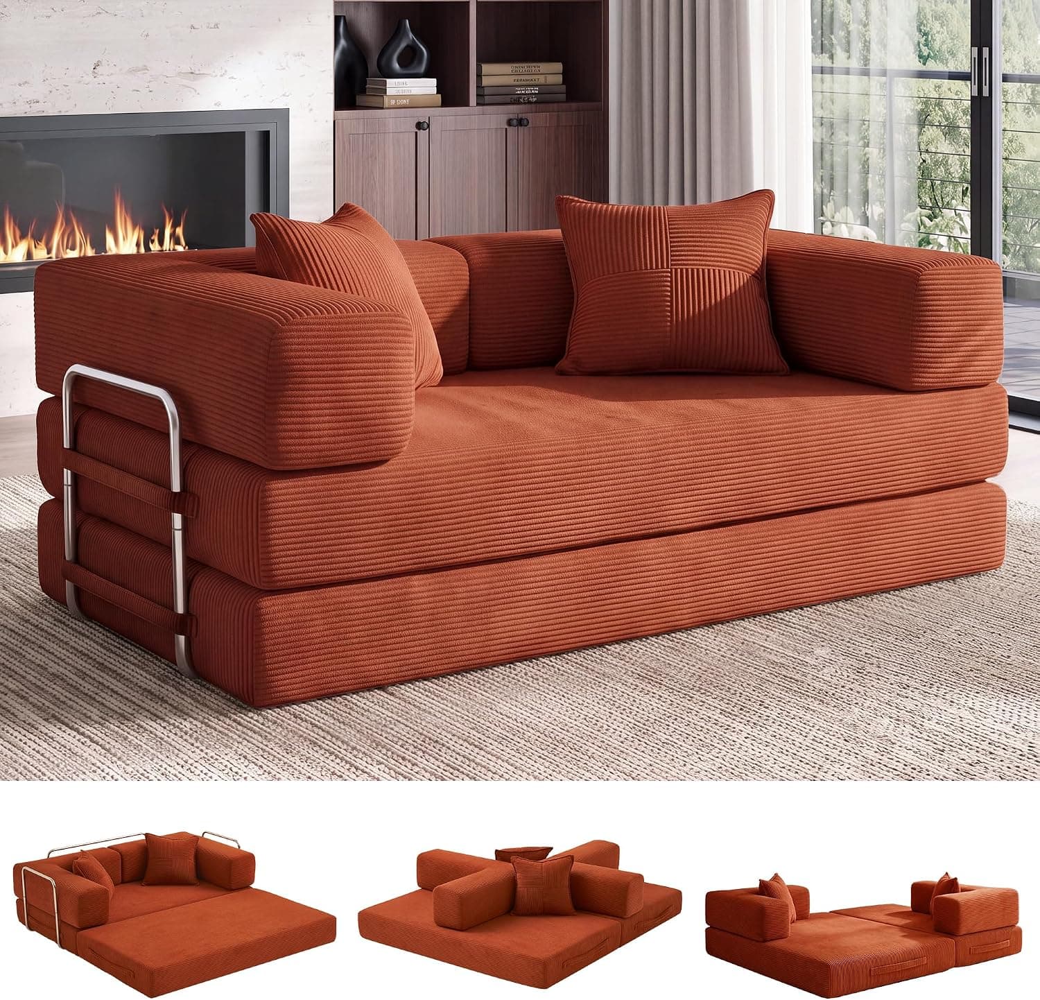 Vipbear Sofá Cama de Suelo 160cm,Plegable de Boneless de 2 plazas,Naranja