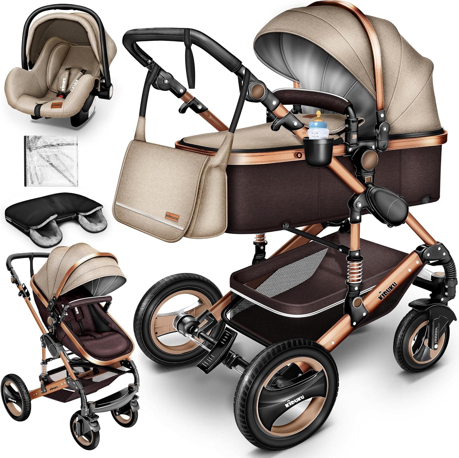 KIDUKU® Carrito de Bebé 3 en 1 | Silla de Paseo para Niños | Carricoche de 3 Piezas | Capazo, Cambiador, Cubrepiés | Sillita Coche Ligera Infantil ECE R129