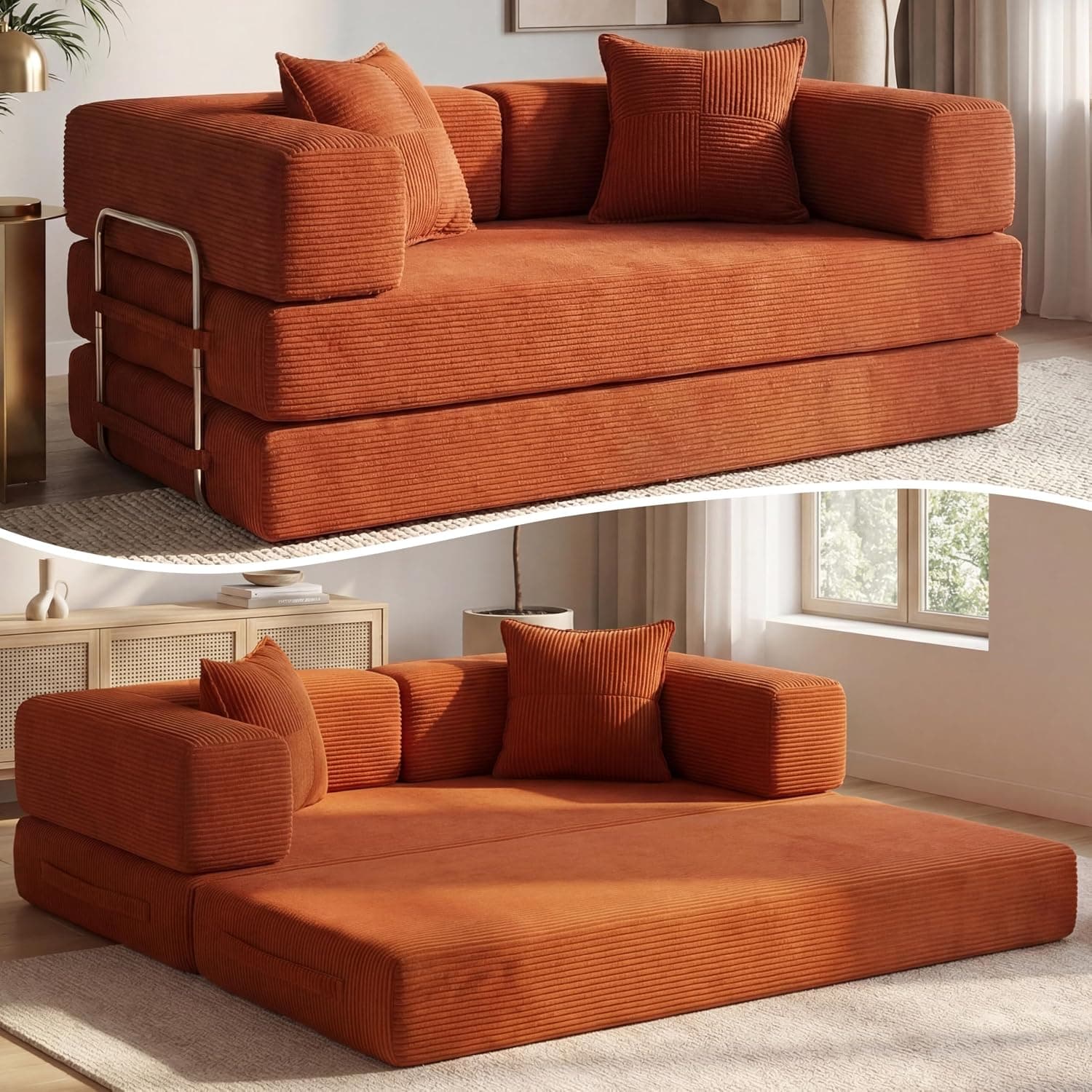Vipbear Sofá Cama Pana 160×90×70 cm, sofá de Suelo transformable 5 en 1, Espuma de Alta Densidad, Apto para Mascotas y ergonómico, sin Montaje, Naranja