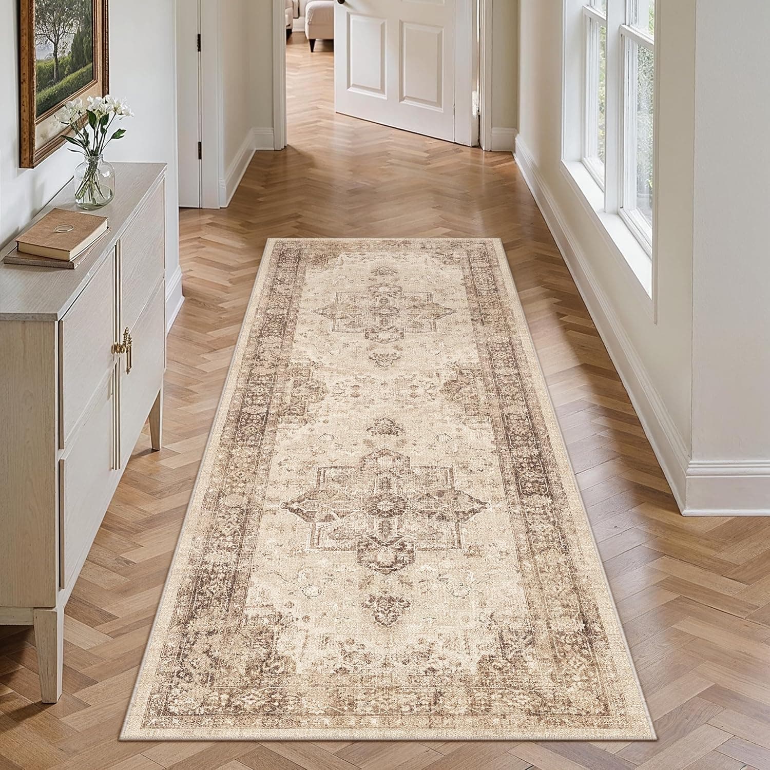 PureCozy Vintage Alfombras Pasillo 60x180cm Marrón Alfombra Cocina Lavable Lavadora Antideslizante Pelo Corto Carpet Pie de Cama Dormitorio Comedor Oficina Larga Tapete