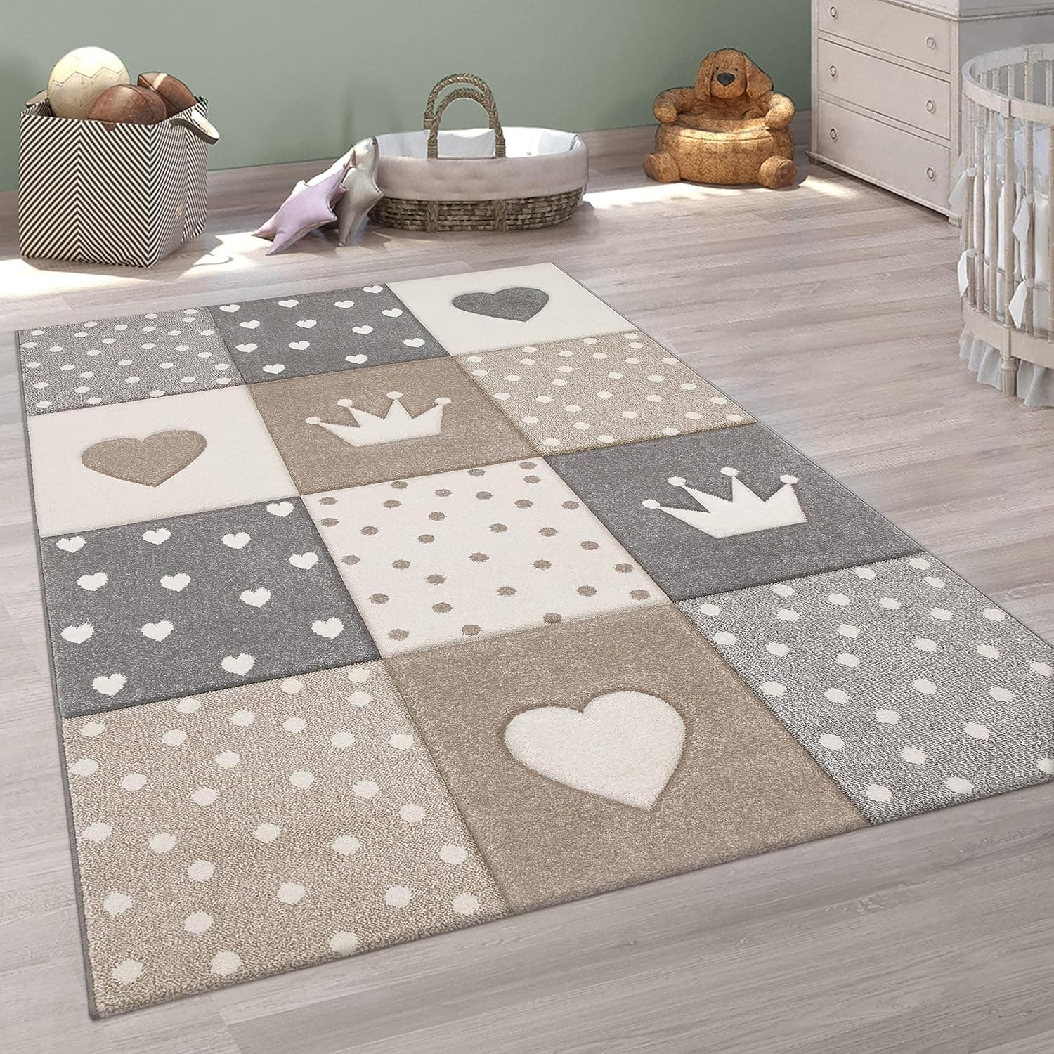 Paco Home Alfombra Infantil A Cuadros Corazones Corona Tamaños, tamaño:80x150 cm