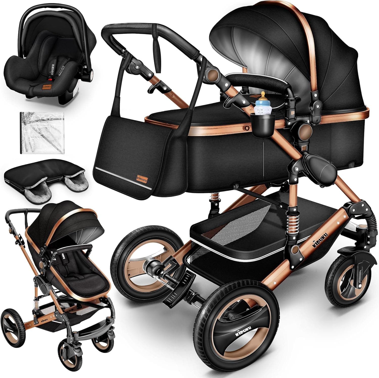 KIDUKU® Carrito de Bebé 3 en 1 | Silla de Paseo para Niños | Carricoche de 3 Piezas | Capazo, Cambiador, Cubrepiés | Sillita Coche Ligera Infantil ECE R129