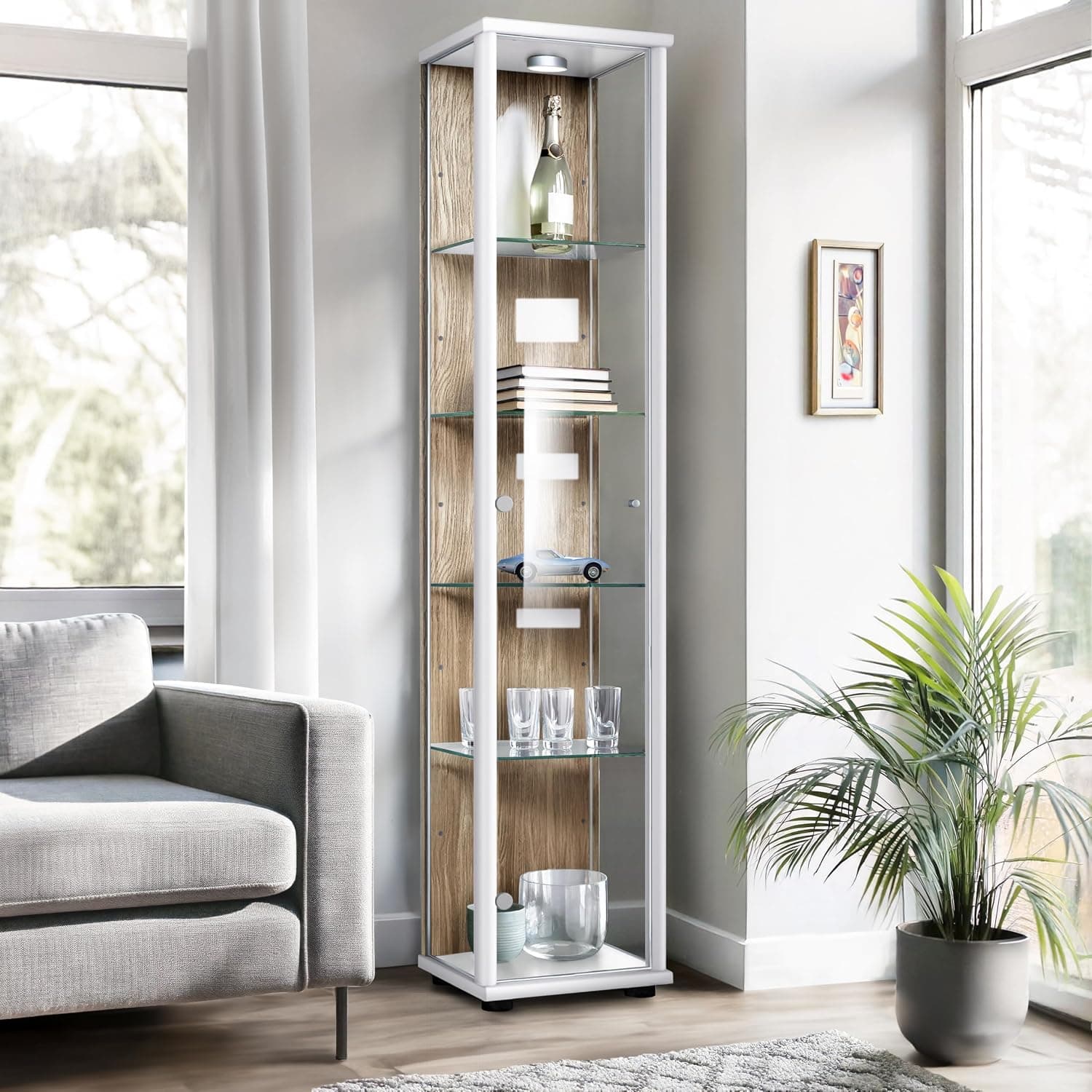 Vitrina de Cristal en Roble Sonoma/Blanco (176x37x33 cm) con 4 estantes de Cristal Ajustables en Altura, LED - Vitrina para maquetas de Coches Blanco- Vitrina de exposición Roble Sonoma