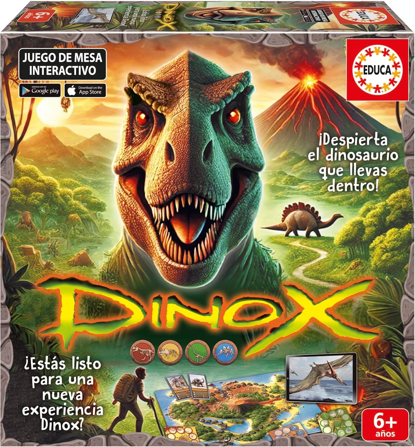 Educa - Dinox Juego de Mesa Niños 6 Años, Juego Educativo de Dinosaurios con Preguntas y App (20379)