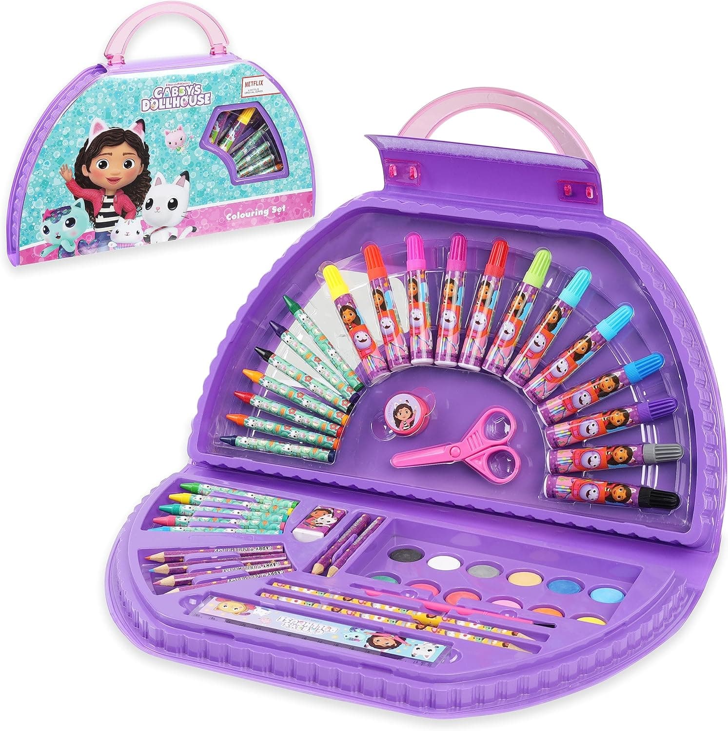 Gabby's Dollhouse Maletin Pinturas para Niños de la Casa de Muñecas de Gabby, Estuche Pinturas +40 Pzs para Colorear con Rotuladores y Lapices, Maletin de Colores (Morado Media Luna)