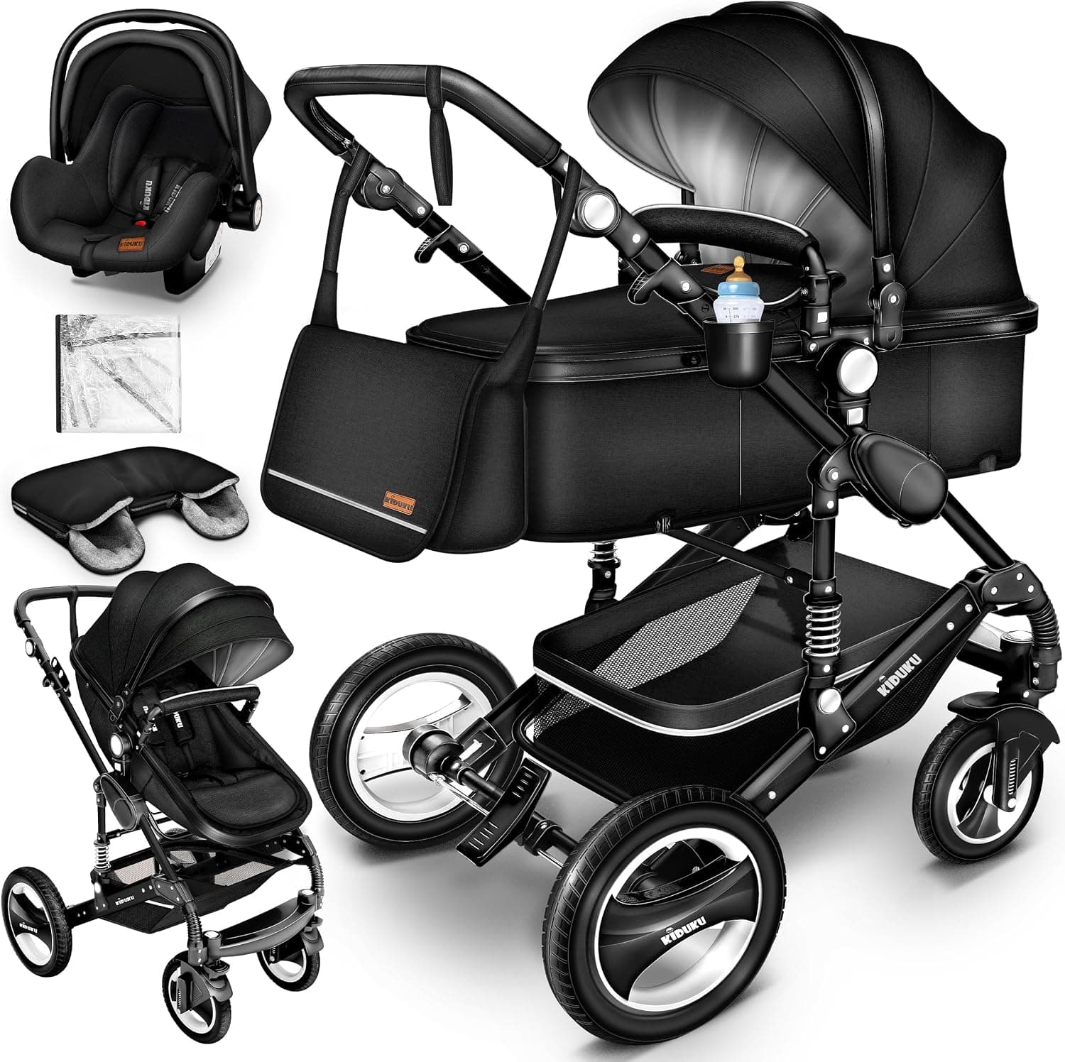 KIDUKU® Carrito de Bebé 3 en 1 | Silla de Paseo para Niños | Carricoche de 3 Piezas | Capazo, Cambiador, Cubrepiés | Sillita Coche Ligera Infantil ECE R129