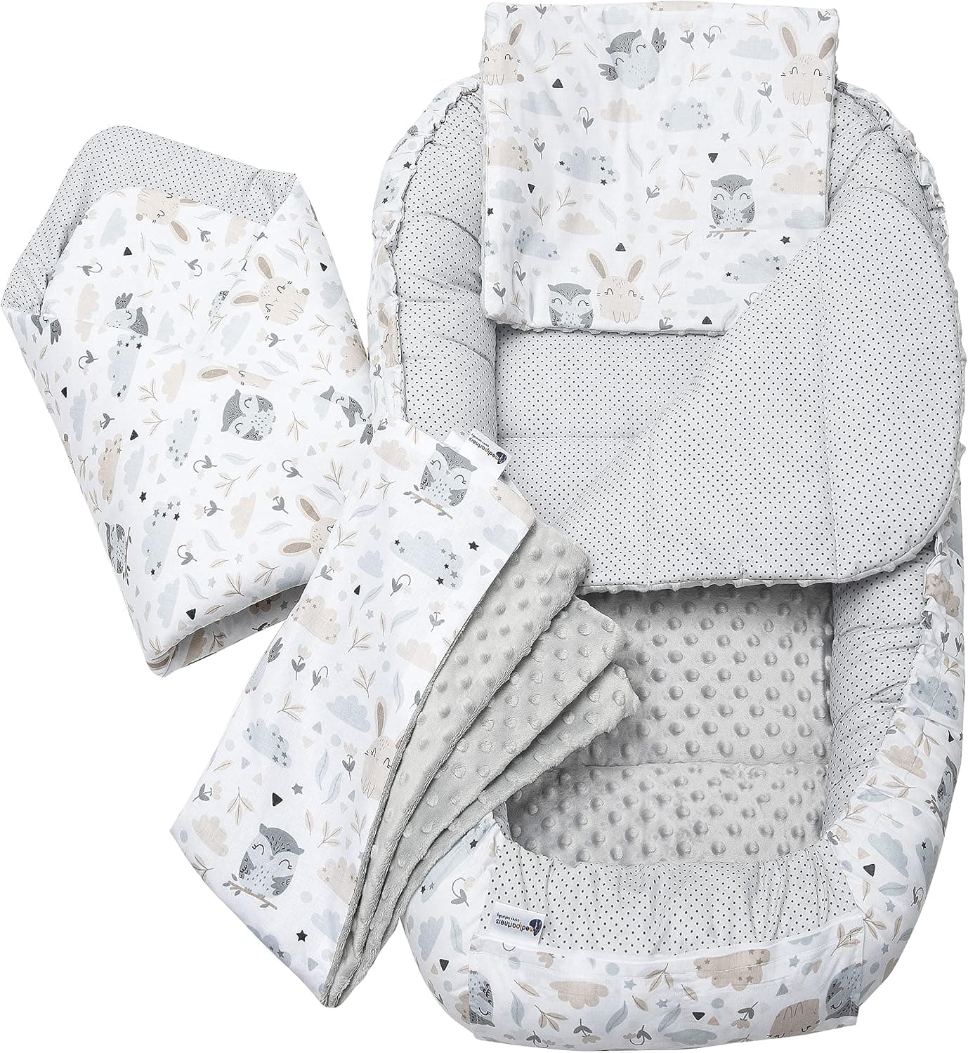 Medi Partners Nido Bebe Recien Nacido Reductor de Cuna - 100x60x15 Juego de 5 Piezas bebés anticolicos Bilateral Portátil o de Viaje 100% Algodón (Glade con Minky Gris)