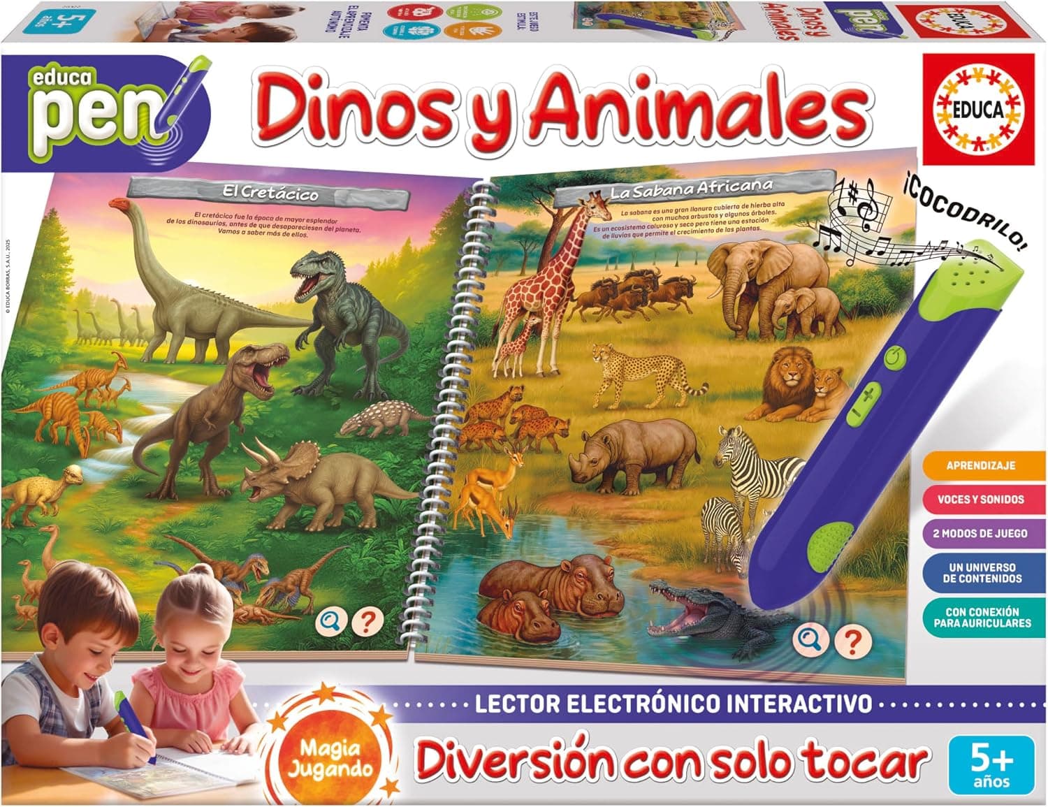 Educa - Educapen Dinos y los Animales | Juego Educativo para niños +5 años | Cuaderno con Preguntas y Lector electrónico | Niños 5 6 7 años (20322)