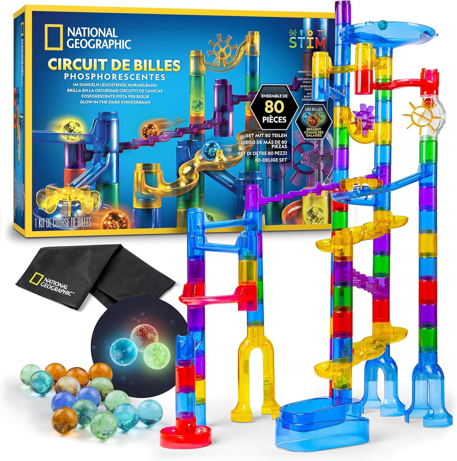 National Geographic Circuito de Canicas Fluorescentes – Set de Construcción con 15 Canicas de Vidrio Que Brillan en la Oscuridad y Bolsa de Almacenamiento, Juguete CTIM para Niños y Niñas