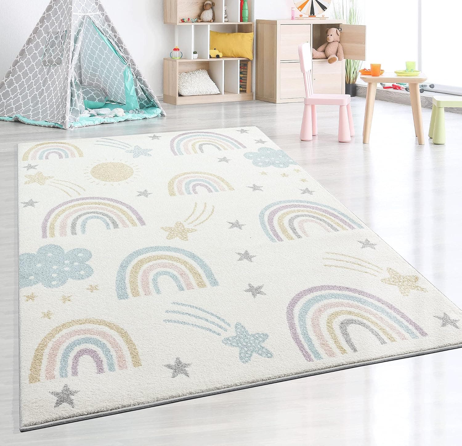the carpet Dreamy Kids - Alfombra Infantil Moderna, Pelo Suave, fácil de cuidar, no destiñe, Estampado Arco Iris, Crema, 200 x 280 cm