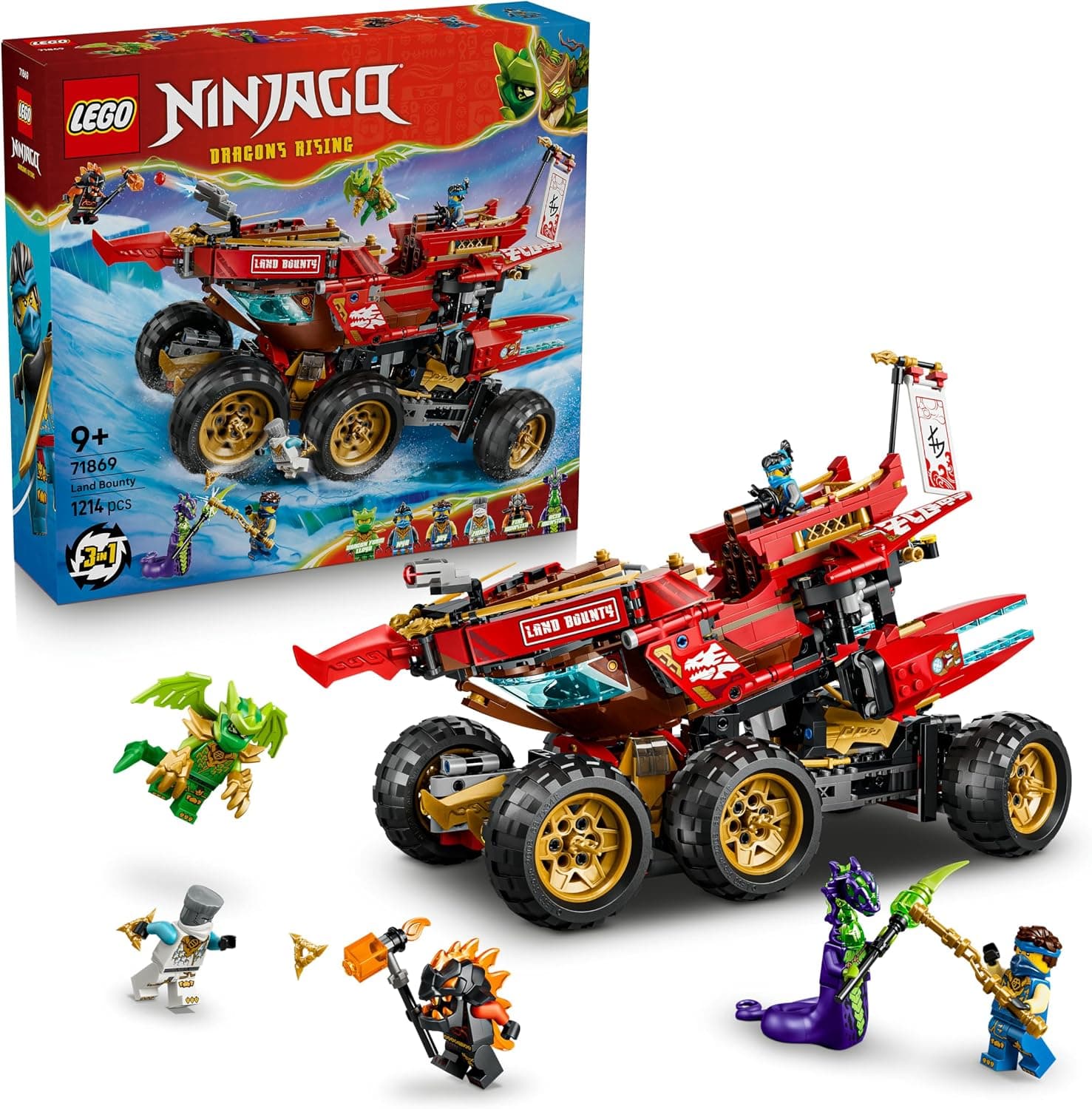 LEGO Ninjago Bounty Terrestre – Set Ninja 3en1 se Transforma en Barco Volador, Coche y Moto – 6 Minifiguras – Regalo de Cumpleaños para Niños de 9+ Años y Fans de El Renacer de los Dragones – 71869