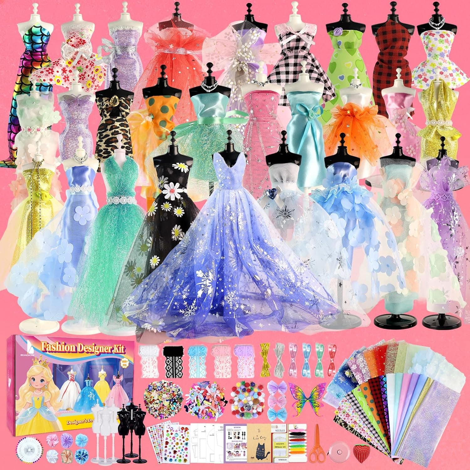 Beanewone Kit de Diseño de Moda para Niñas 1000+ Piezas, Manualidades Niña 8 Años Incluye 30 Piezas de Tela y 6 Maniquíes, Manualidades Niños 10 Años, Diseña la Moda 6 7 8 9 10 11 12+ Años